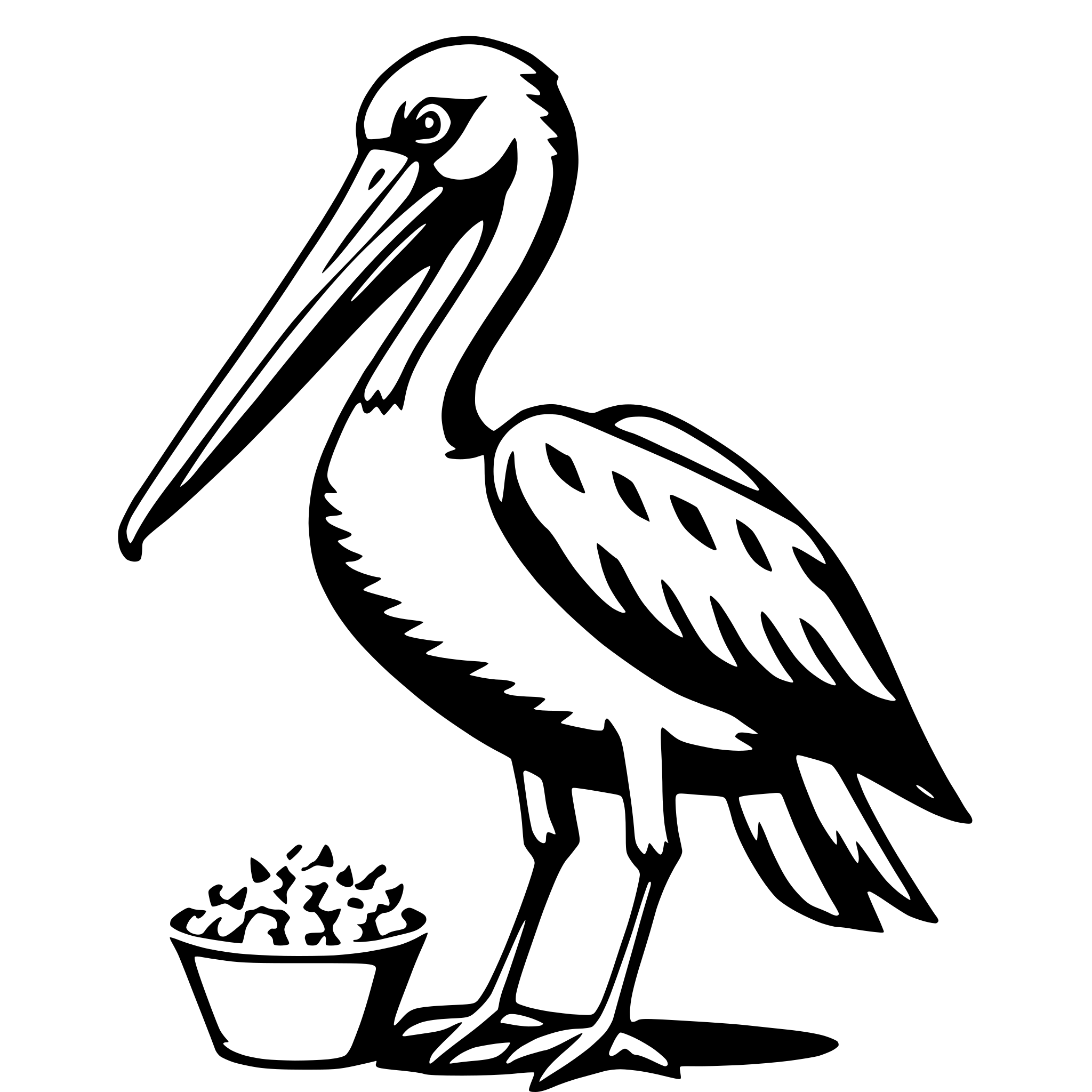The SVG depicts a stylized black and white illustration of a bird, which appears to be a crane, standing next to a bowl of food. The bird is characterized by its long neck, long legs, and a prominent beak. The bowl of food is placed on the ground, and the bird is standing on one leg, with the other leg tucked in. The bird's head is turned slightly to the side, and it seems to be looking at the food in the bowl. The overall style of the SVG is simple and cartoonish, with clean lines and minimal shading. 