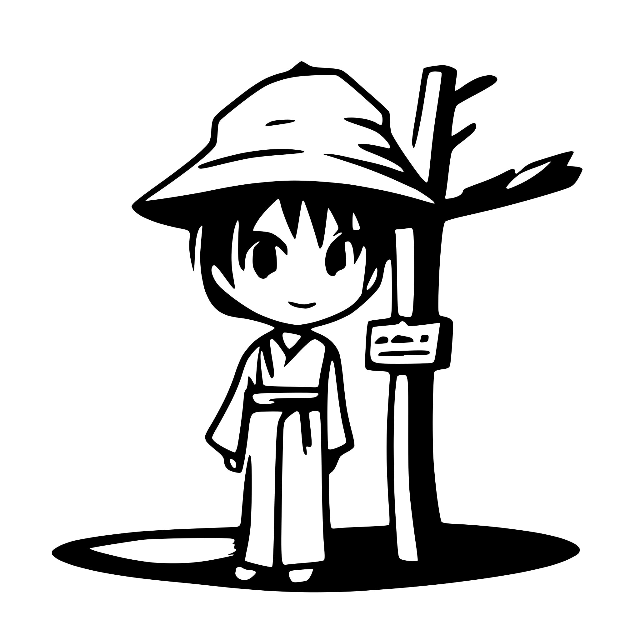 AI-generated SVG of a manga style drawing. black minimalistic strokes on transparent background. This style is for Kijimuna, he is a 15 years old from Okinawa. A bit mischievous but friendly. he is wearing a Yukata.Kijimuna is perched in a banyan tree. He watches a user curiously. the user is not visible on the image. Small woodland spirits flutter around Kijimuna have take the aspect of small floating kanji