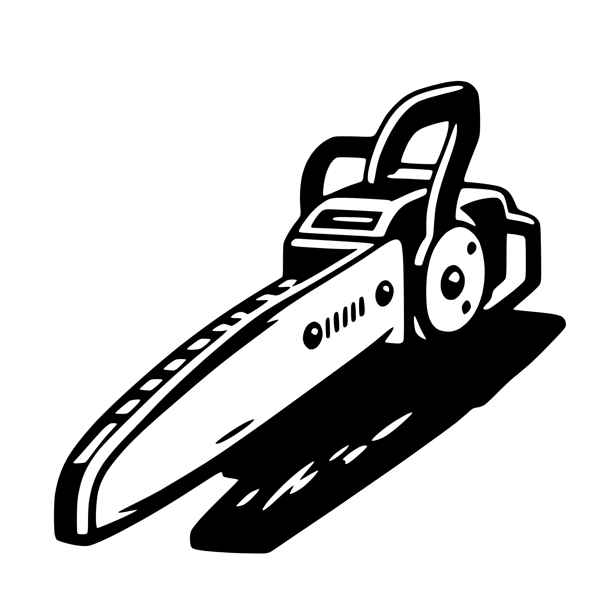 The SVG shows a stylized depiction of a chainsaw. The chainsaw has a prominent blade with a series of teeth, a guide bar, and a chain wrapped around the guide bar. The guide bar is attached to a motor housing, which has a trigger-style switch and a throttle control. The chainsaw is resting on a flat surface, and the shadow of the chainsaw is cast on the surface, indicating a light source from above. The SVG is a vector graphic with a simple, clean line art style. 