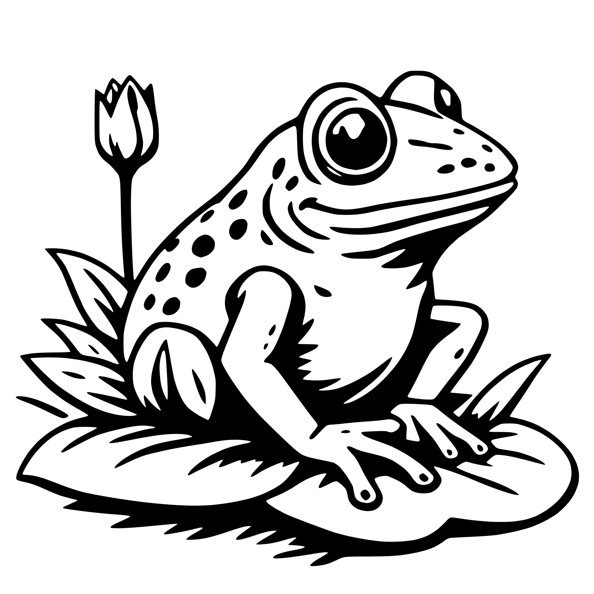 The SVG features a stylized illustration of a frog sitting on a lily pad. The frog has large, round eyes and a simple, cartoon-like design with a pattern of spots on its body. It has a wide mouth and is depicted with its front legs extended forward and its hind legs tucked under its body. The lily pad has a few leaves extending from the sides. The frog appears to be resting or observing its surroundings. The SVG is a vector graphic, which means it can be scaled up or down without losing quality. 