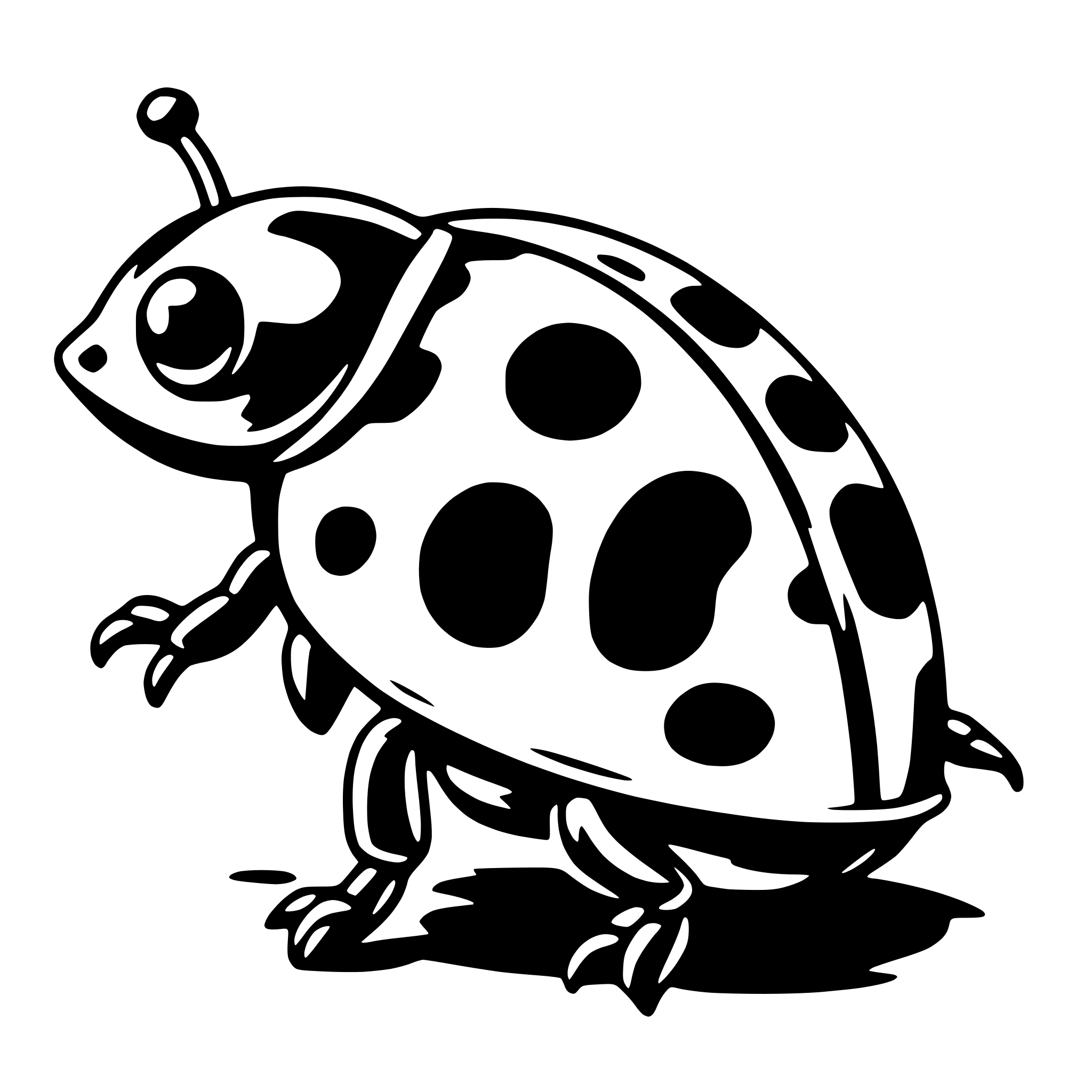 The SVG depicts a stylized cartoon of a ladybug. The ladybug has a round body with a pattern of black spots on a lighter background, and it has two antennae, two eyes, and six legs. It appears to be standing on a surface with a shadow beneath it, suggesting a light source from above. The style is simple and cartoonish, with bold outlines and minimal shading. 