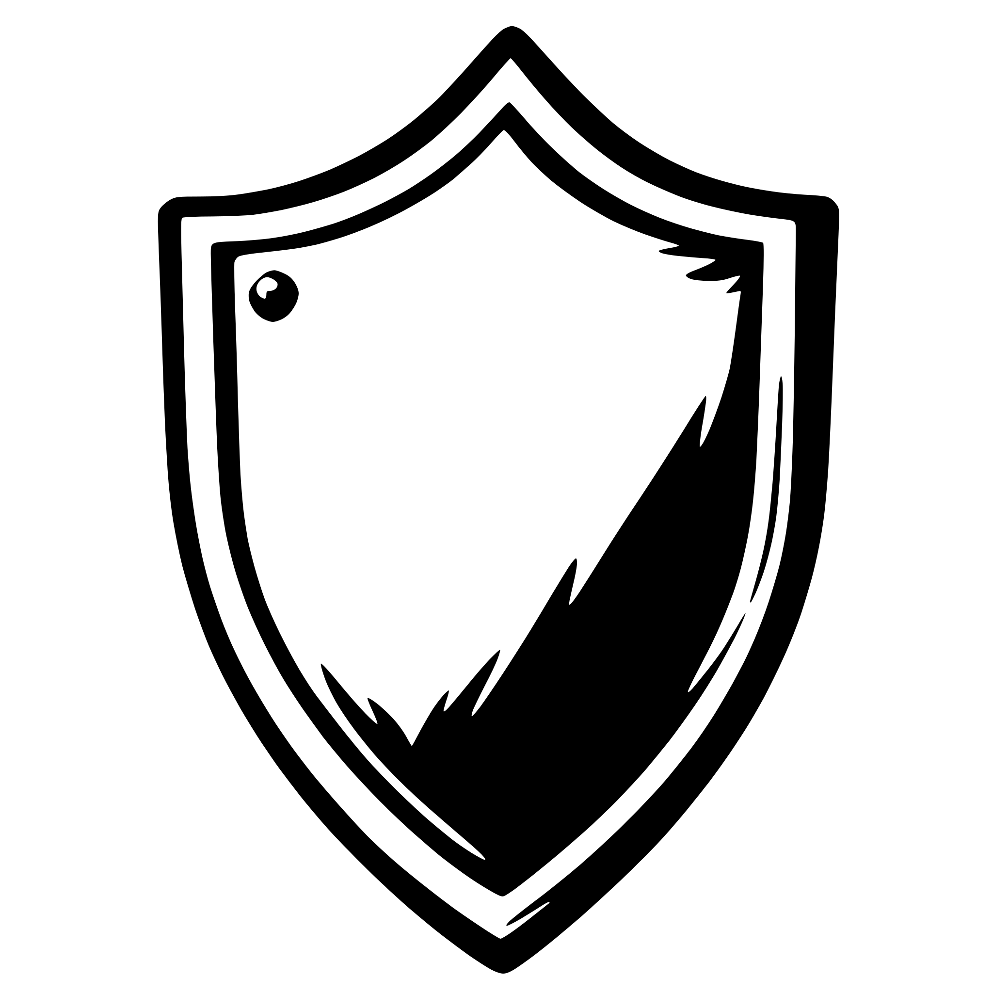 The SVG displays a stylized shield graphic. The shield is outlined with a thick black line and filled with a solid black color. It features a pointed top and a curved bottom, with a small, circular indentation on the left side, which could be interpreted as a lock or a decorative element. The shield is centered against a plain white background. There are no texts or additional elements present in the SVG. The style of the SVG is minimalistic and graphic, with a clear emphasis on the shield shape. 