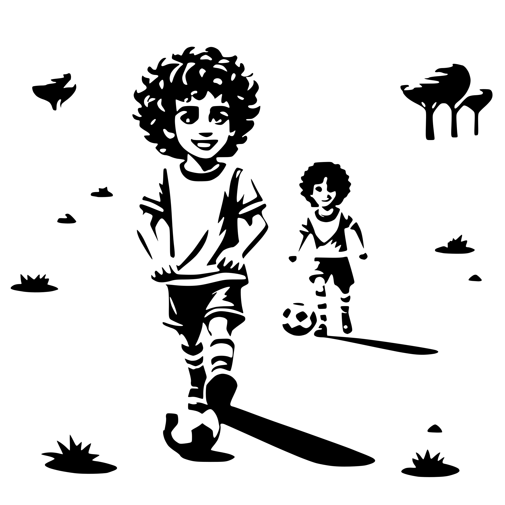 AI-generated SVG of a A cute little boy, with curly hair, playing soccer with his friends on the dirt field of their neighborhood in Iran.