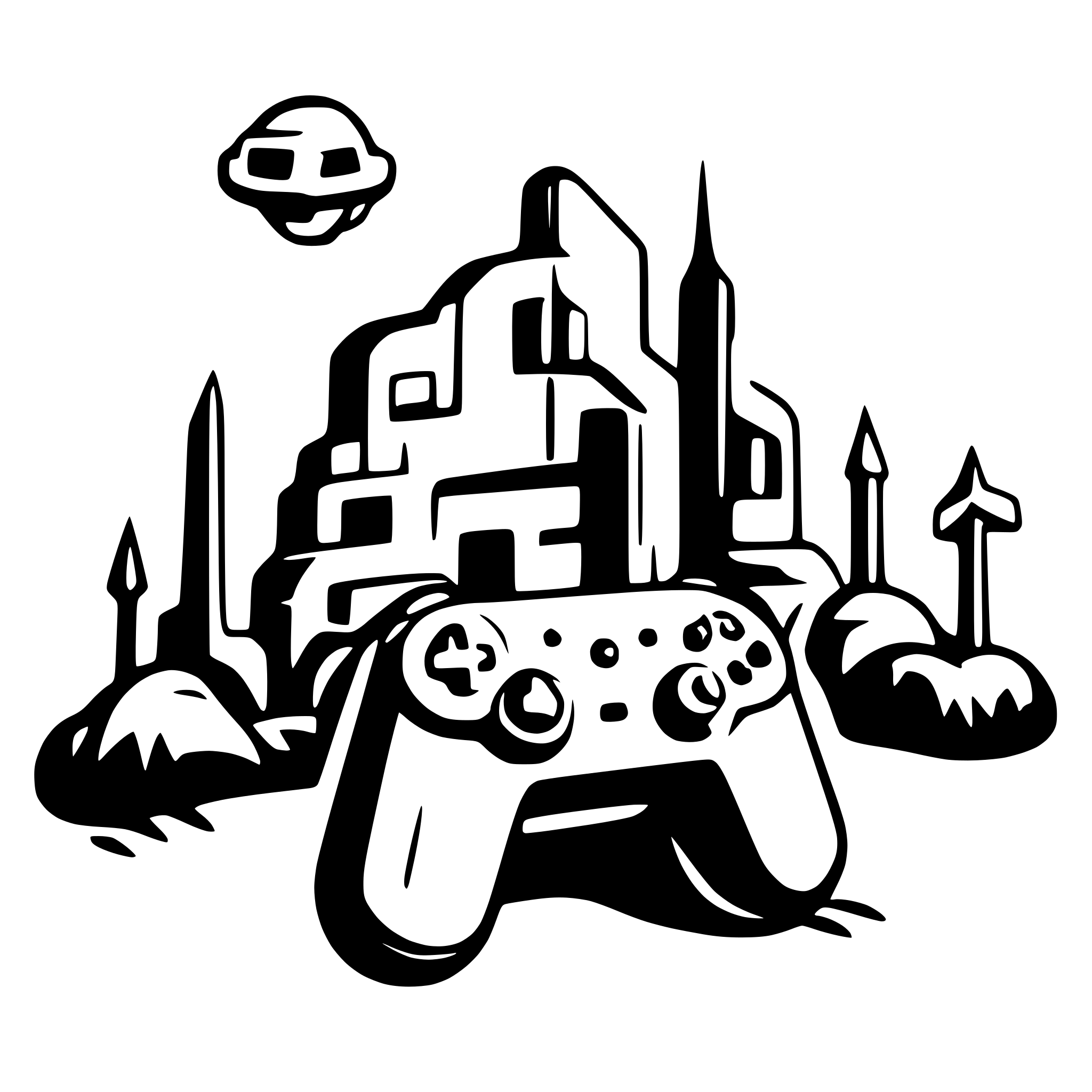 AI-generated SVG of a Futuristic Landscape with robots with gamepad