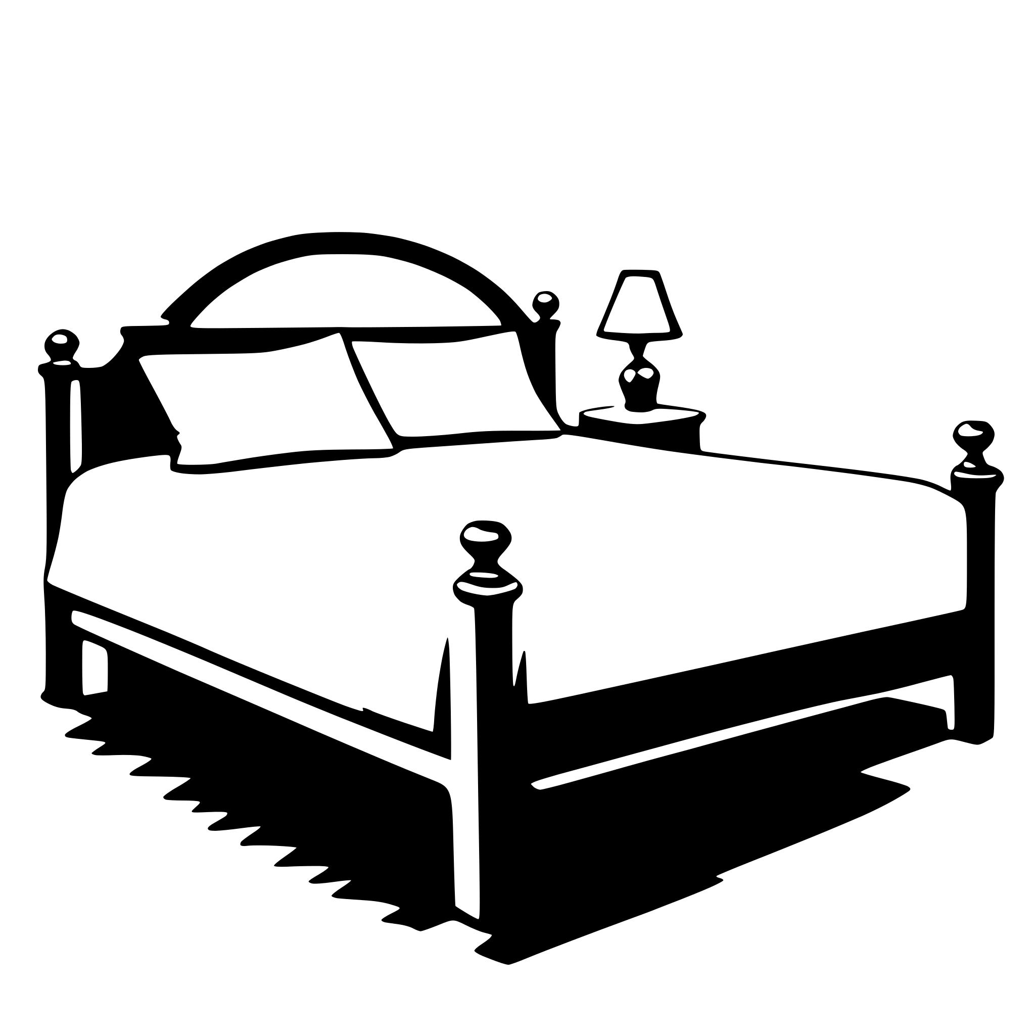 The SVG depicts a simple, stylized bed with a headboard, a footboard, and four posts. The bed is presented in a side view, showing the mattress, pillows, and a small bedside table with a lamp. The bed is positioned against a plain background, and the overall style is minimalistic and cartoonish. 