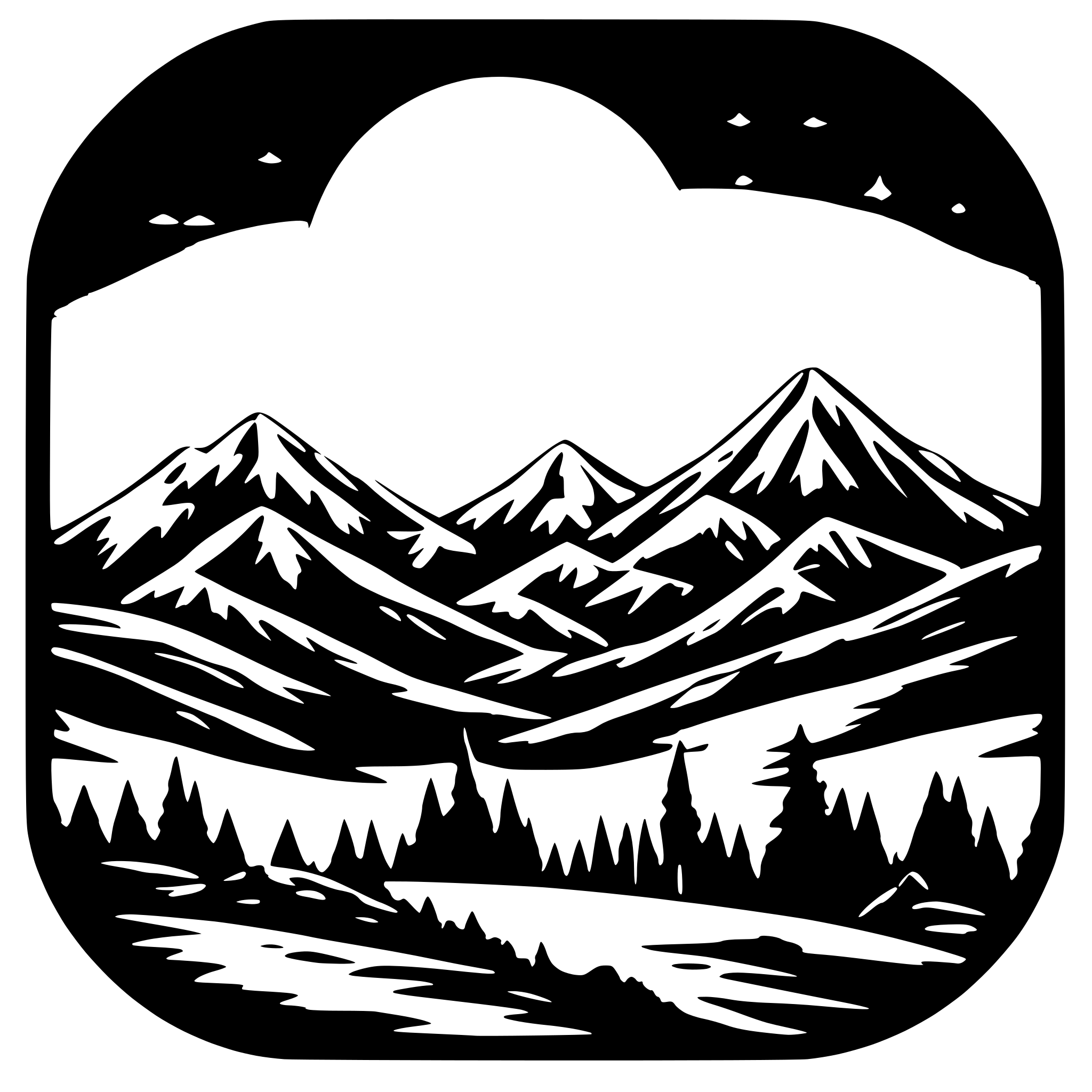 AI-generated SVG of a Draw a heraldic device of a full moon rising over six mountain peaks