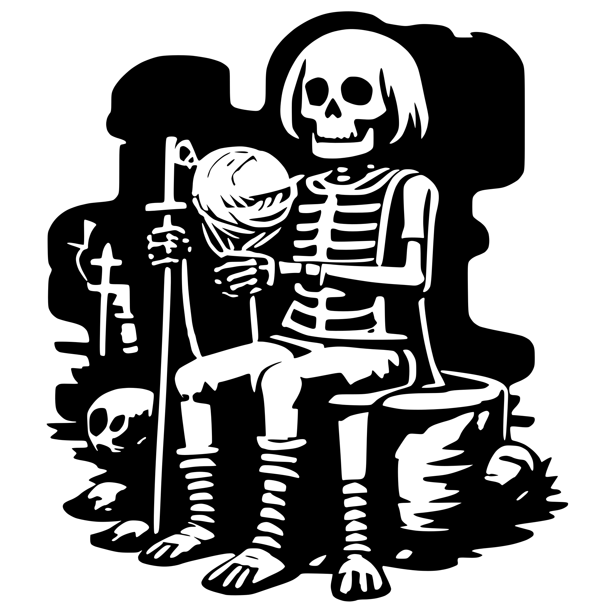 AI-generated SVG of 'Skelton holding yarn'