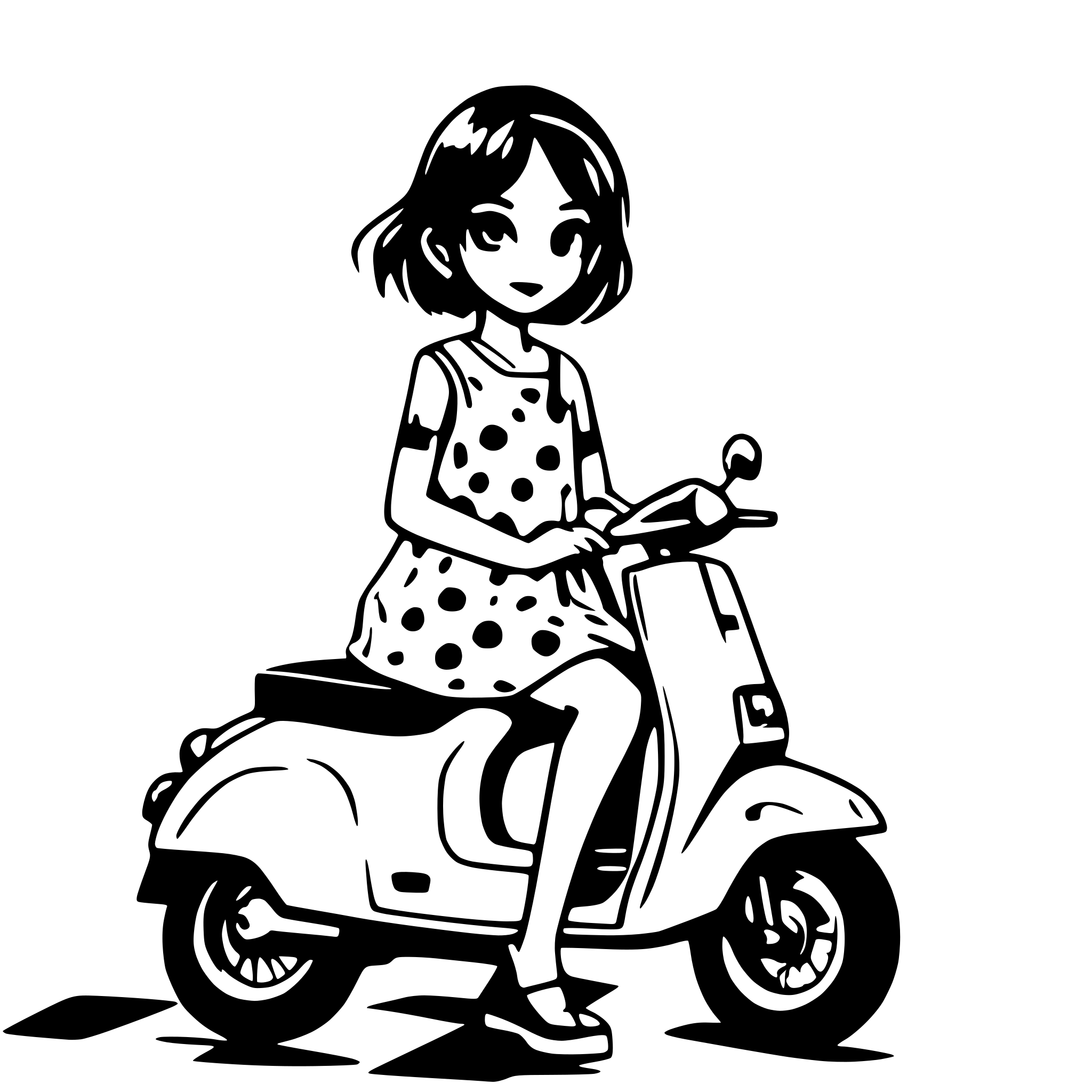 AI-generated SVG of a Girl on a vespa scooter with short dark hair and a polka dot dress