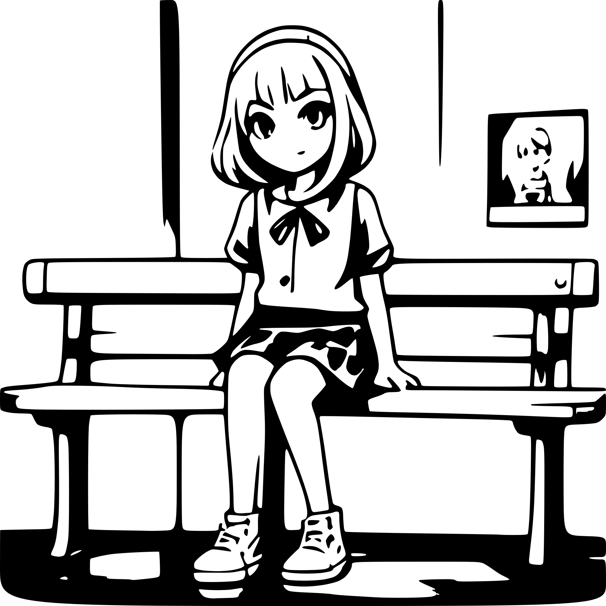 AI-generated SVG of a cute anime girl, style - short body, cartoonish, big head and eyes, in a skirtm, and shoes, sitting on a bench, clear sharp face
