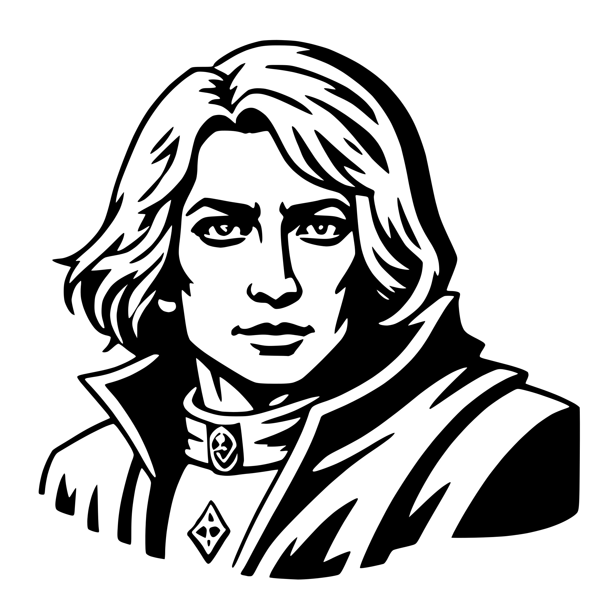 The SVG depicts a stylized, black and white illustration of a person with long hair, wearing what appears to be a high-collared garment with a distinctive emblem or insignia on the chest. The person is looking directly at the viewer with a neutral expression. The style of the illustration is reminiscent of comic book or graphic novel art, with bold lines and a limited color palette. The SVG does not contain any text or additional objects, and the main focus is on the central figure. 