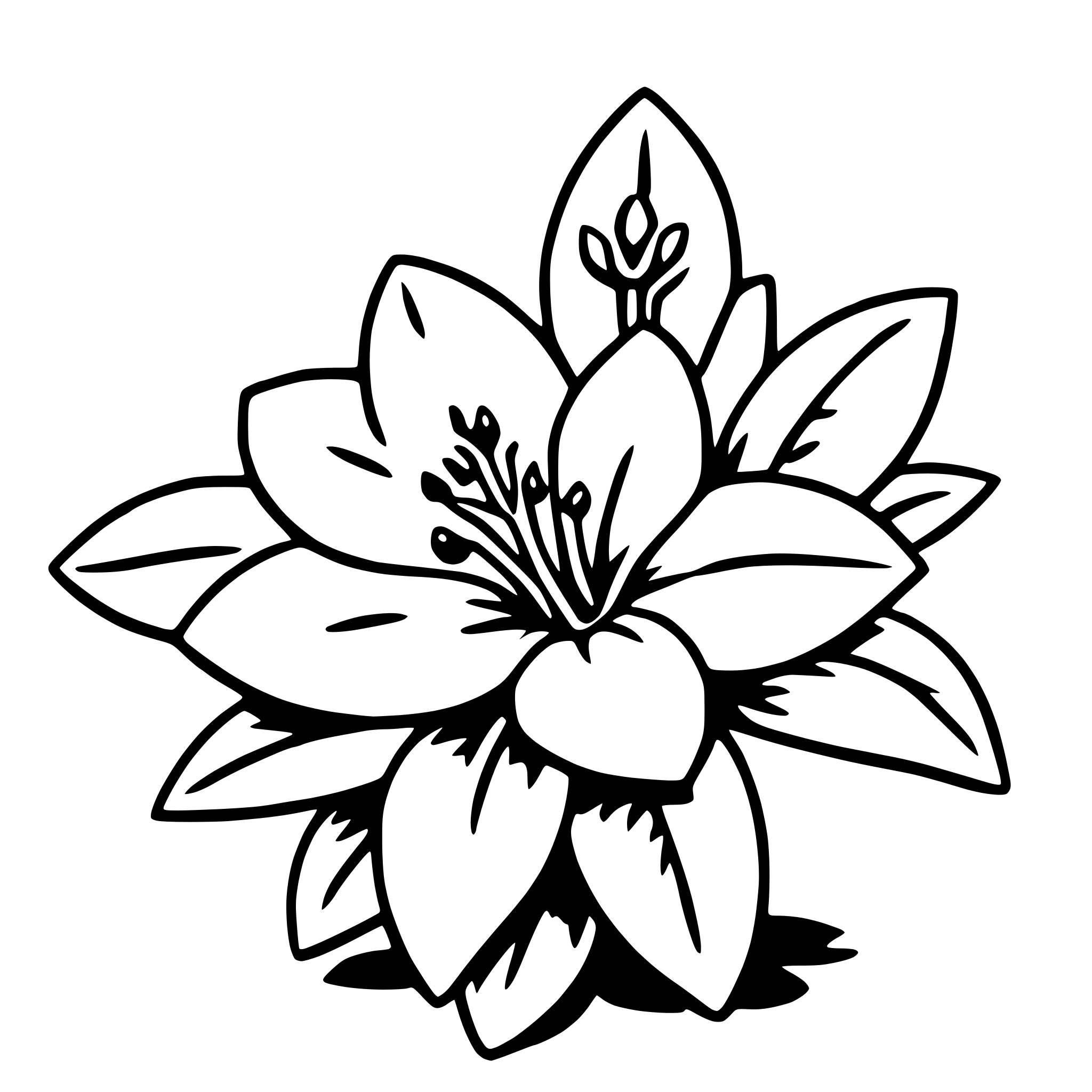 The SVG depicts a stylized flower with a symmetrical arrangement of petals and a central, elongated stamen. The petals are arranged in a circular pattern, with each petal having a pointed tip and a serrated edge. The stamen is located at the center of the flower and is composed of two long, slender filaments that extend upwards and a shorter, bulbous anther at the top. The style of the SVG is simple and graphic, with clean lines and a lack of detail that gives it a modern, minimalist appearance. 