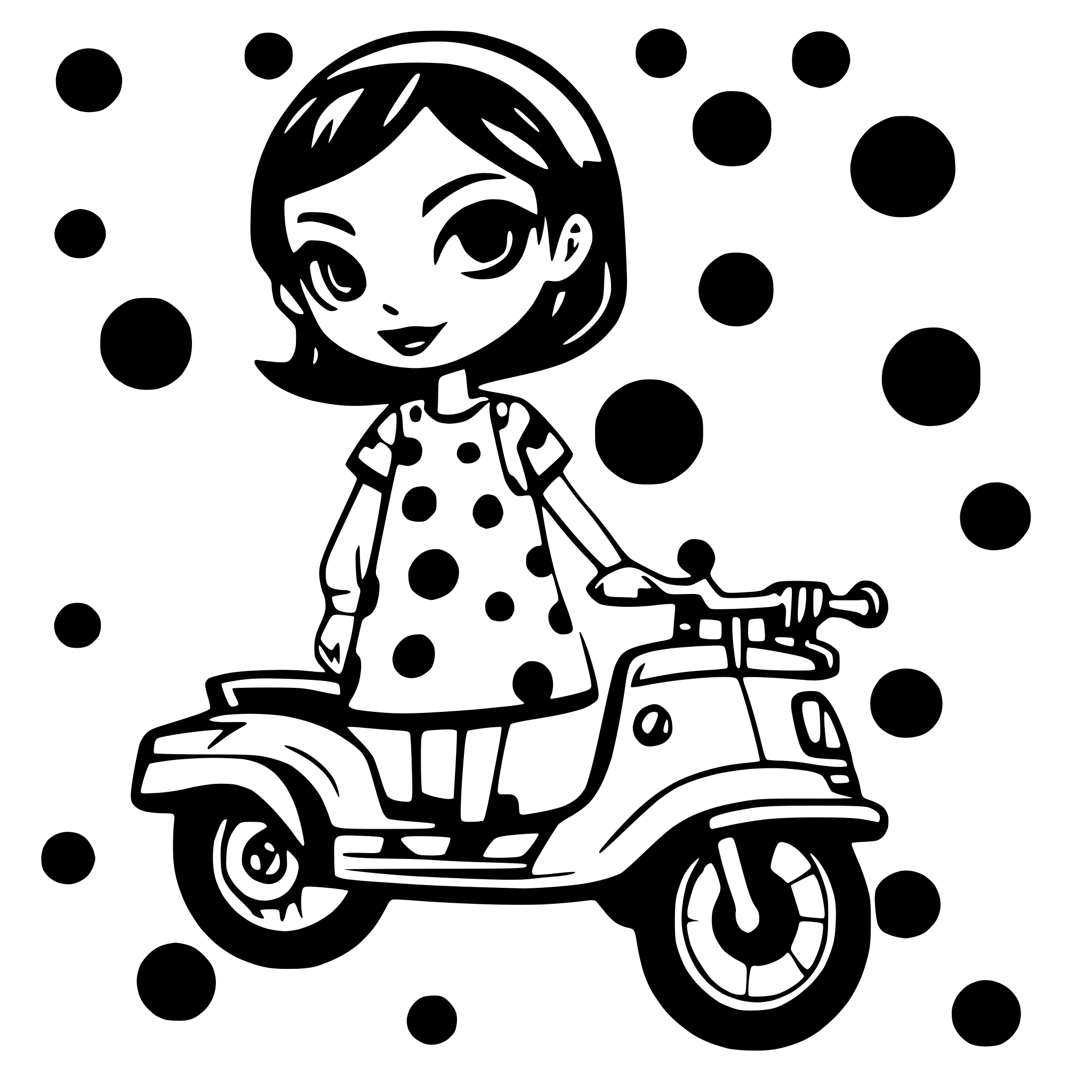 AI-generated SVG of a Girl on a vespa scooter with short dark hair and a polka dot dress