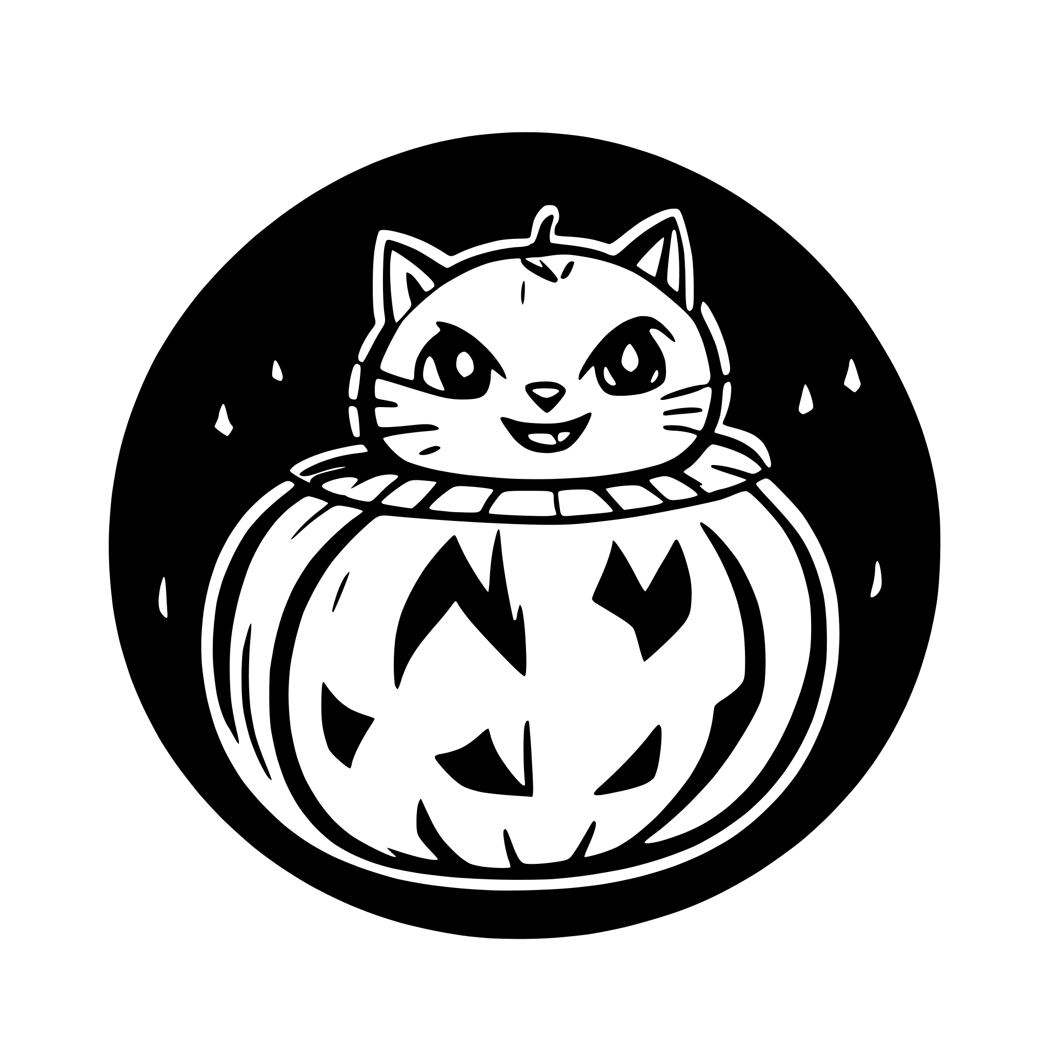 AI-generated SVG of a Create a  image that is a black and white cartoon-style line illustration featuring a cat sitting inside a carved pumpkin. The cat has a round body, large circular eyes, and a distinctive black patch over one eye, giving it a playful and curious expression. Its small ears are perked up, and it appears to be looking around with wide eyes. The cat’s paws rest on the edge of the pumpkin, suggesting it’s either climbing out or just exploring.  The pumpkin is carved like a jack-o’-lantern, with trian