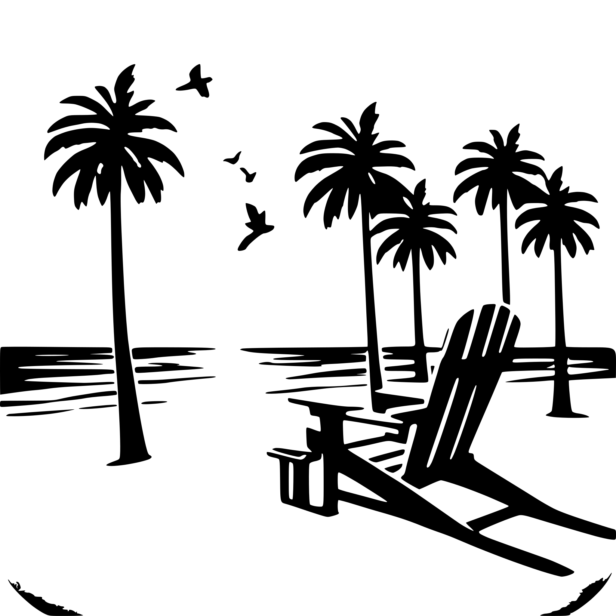 AI-generated SVG of 'palm trees on the beach with adirondack chairs and birds flying in front of the sunset'