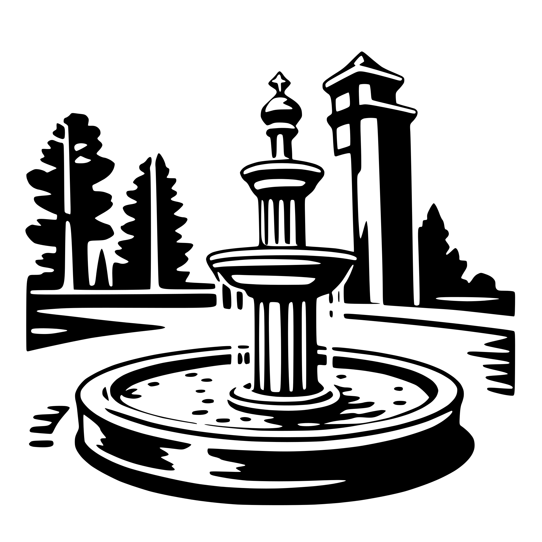 The SVG depicts a stylized scene with a fountain at its center. The fountain has a tall, cylindrical structure with a spout at the top, from which water appears to be flowing. Surrounding the fountain are silhouettes of trees and what appears to be a building with a tower, suggesting a park or garden setting. The trees are depicted with varying heights, and the building has a pointed roof, which could indicate a historical or architectural style. The overall design is simple and uses negative space to create the shapes of the trees and the building. The fountain is the central focus, with the surrounding elements framing it. 