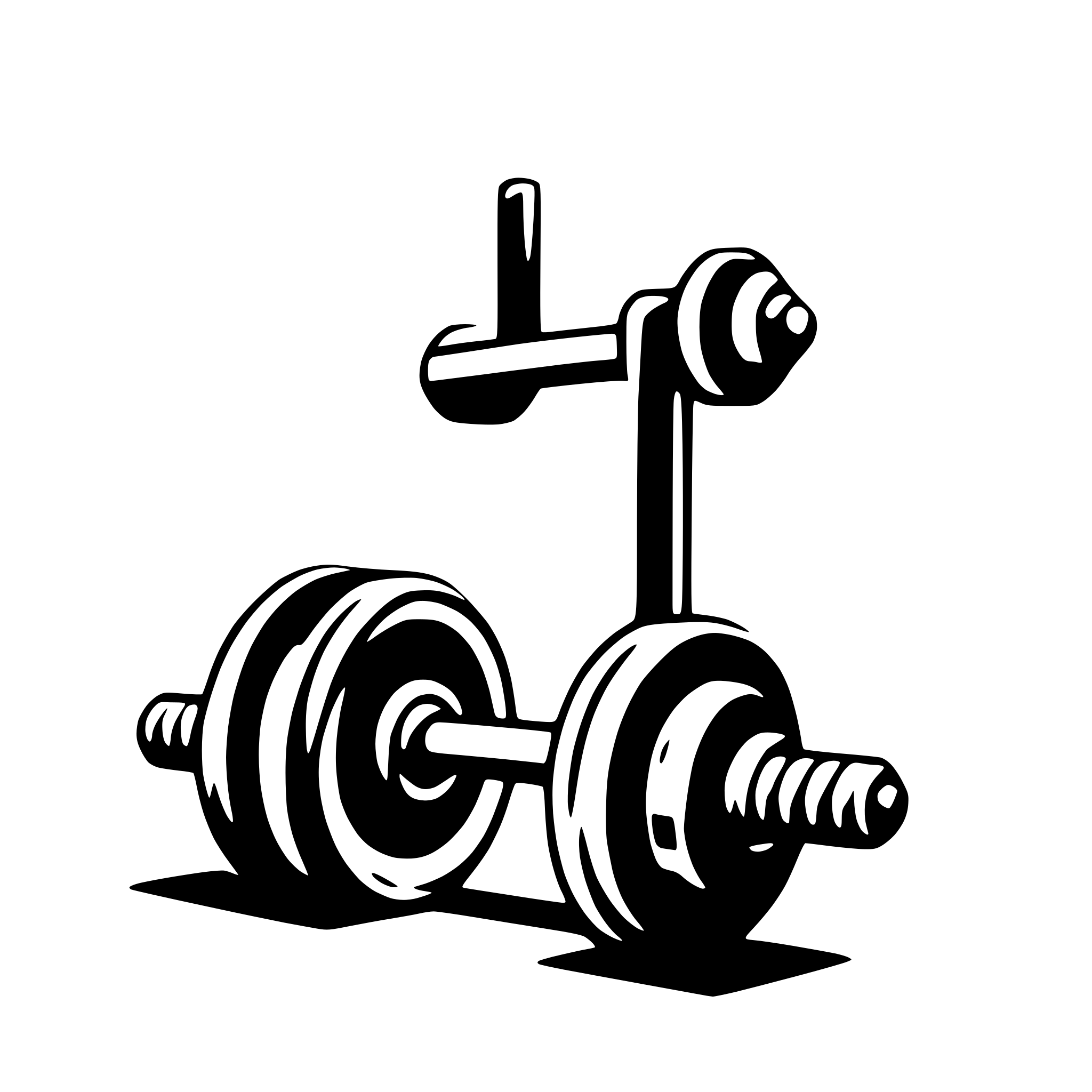 The SVG shows a simple black and white line drawing of a dumbbell. The dumbbell consists of two weights connected by a central rod, which has a handle on each end. The weights are cylindrical with a flat bottom and a slightly tapered top, and the rod is cylindrical with a smaller diameter than the weights. The dumbbell is depicted in a resting position, with the weights parallel to each other and the rod horizontal. There is no interaction between the weights and the rod, as they are connected by the rod. The SVG does not contain any text or additional objects. 