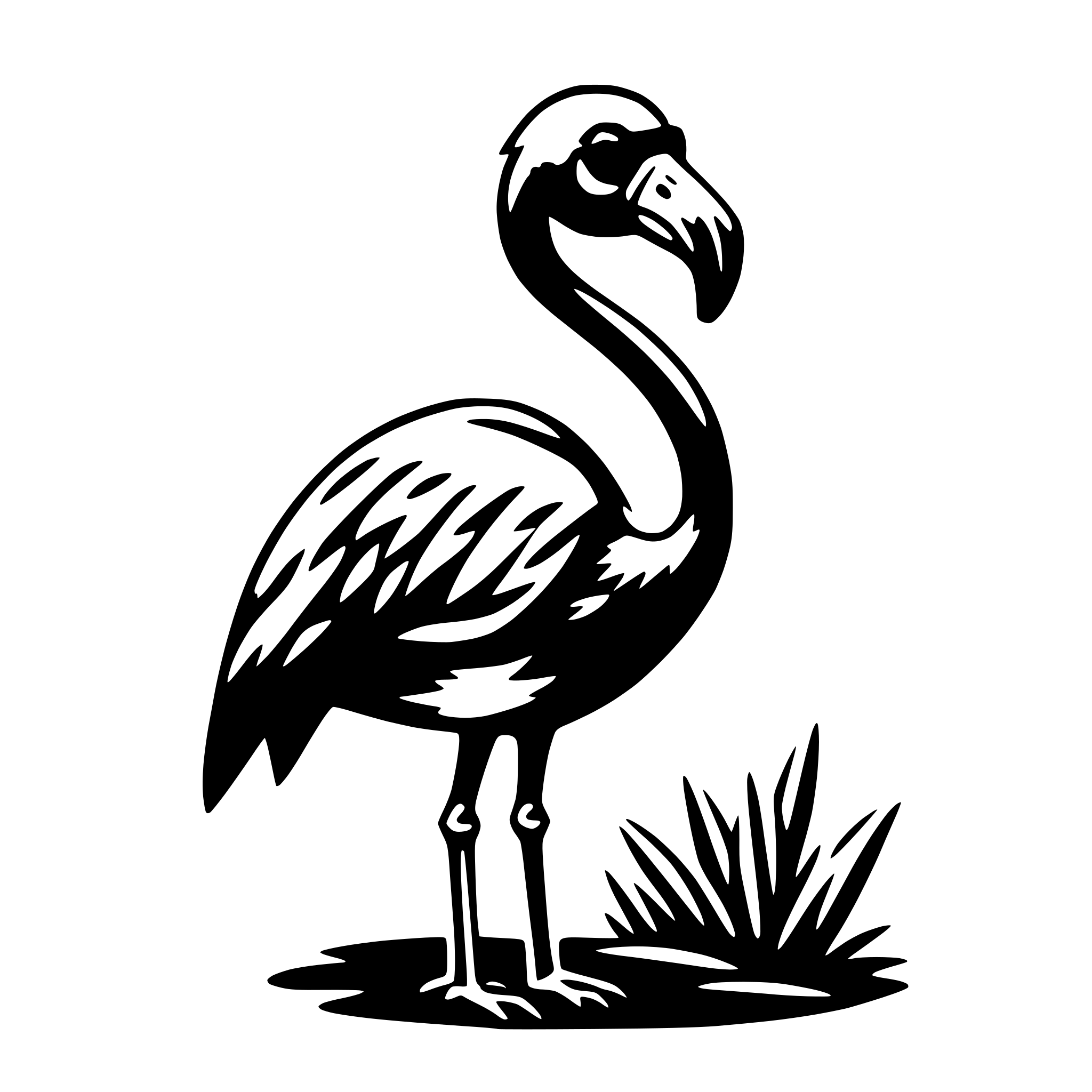 The SVG features a stylized black and white illustration of a flamingo. The flamingo is standing on one leg, with its head turned to the side, giving a profile view. It has a long neck, a curved beak, and a feathered body. The background is plain white, and there is a small tuft of grass or vegetation at the bottom of the SVG, suggesting the flamingo is standing on a patch of ground. The SVG is simple and does not contain any additional objects or interactions. 