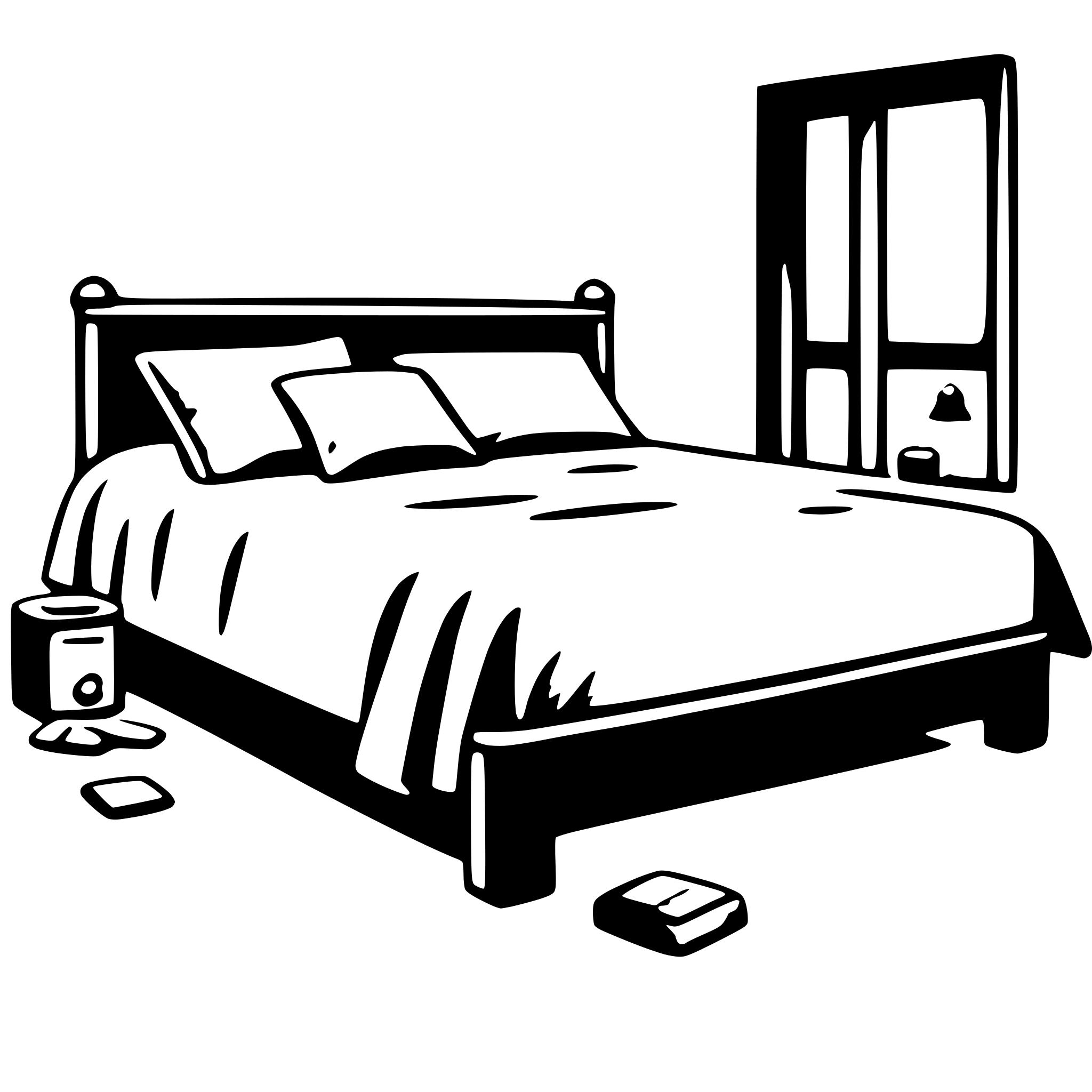 The SVG depicts a simple, stylized bedroom scene. The main objects are a bed, a nightstand, and a window. The bed has a headboard and is made up with two pillows. On the nightstand next to the bed, there is a lamp and a book. The window is open, with the curtains drawn back to reveal the outside. The room appears to be in a state of disarray, with papers scattered on the floor. The overall style is minimalistic and cartoonish. 