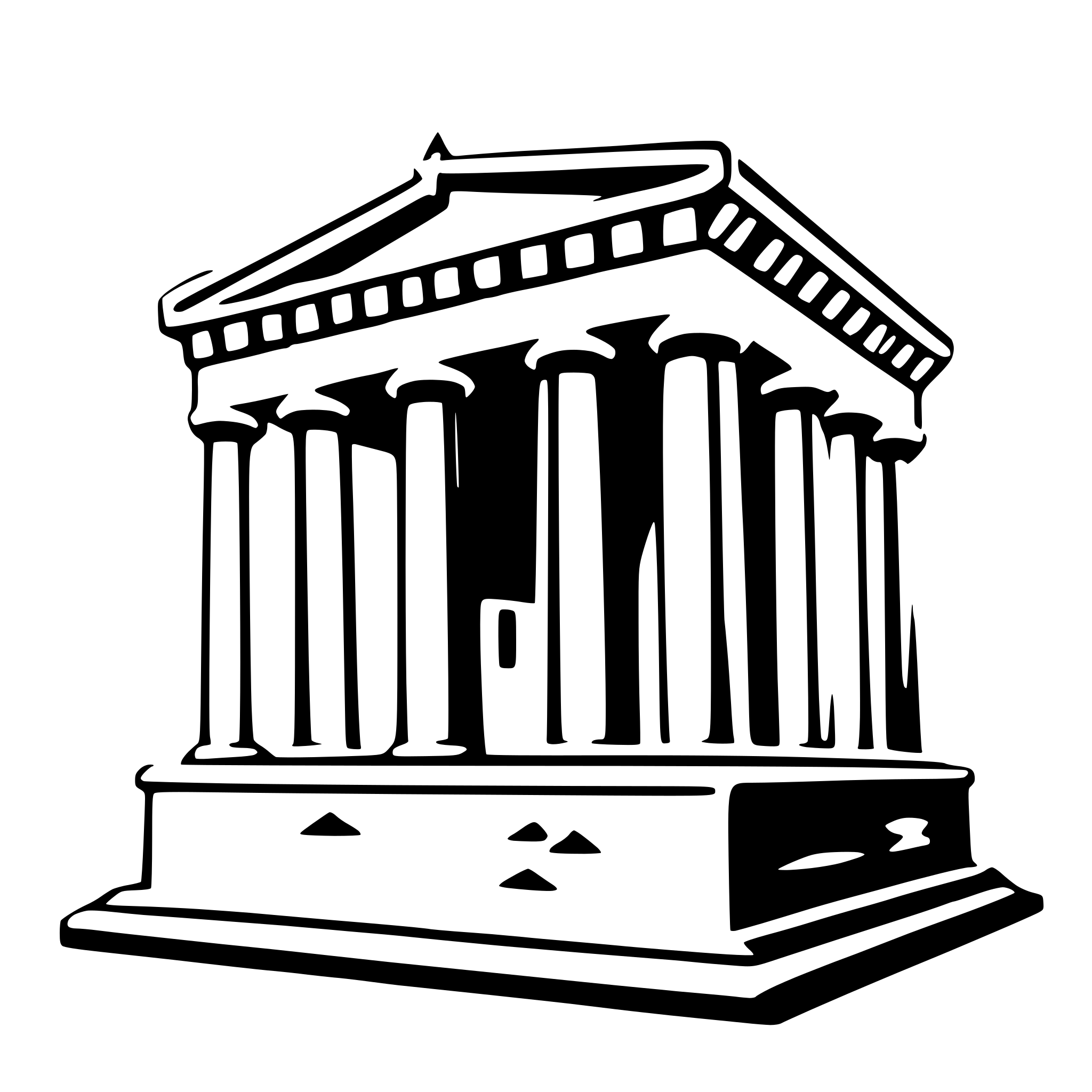 The SVG depicts a classical-style temple with a central entrance flanked by columns. The temple has a triangular pediment at the top, and there are decorative elements such as a frieze and a cornice. The columns are tall and slender, with a series of vertical lines that suggest a fluted design. The temple is set on a base that appears to be a simple, rectangular platform. The overall style of the SVG is minimalistic and graphic, with clean lines and a lack of detail that gives it a modern, vector-art appearance. 