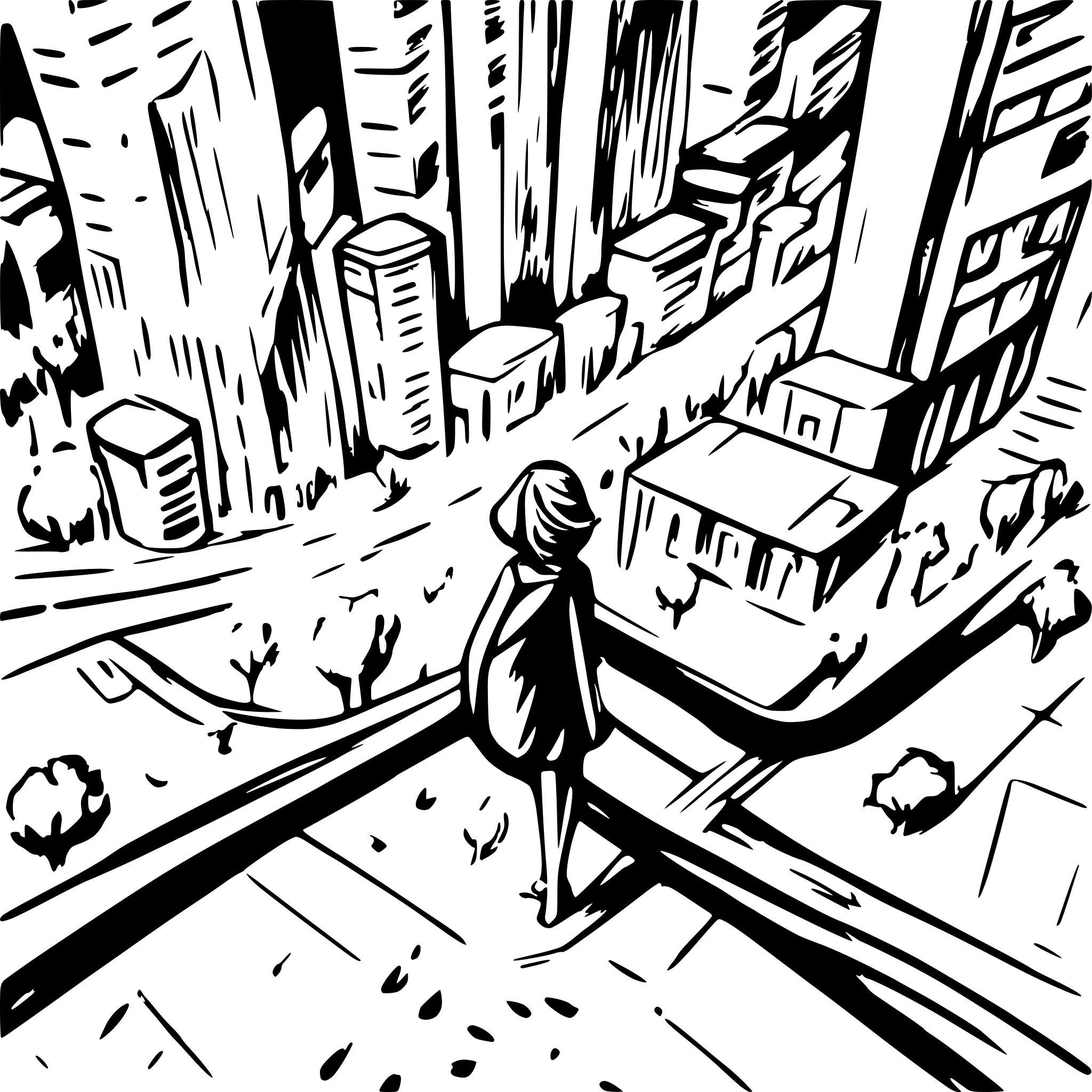 AI-generated SVG of 'bird eye view ,use black and white woodcut  thin black shap lines and small dots and very detaling realistic approach vast  city  dark sky  and millions of buildings and sky  sag file ;end part of city must clear'