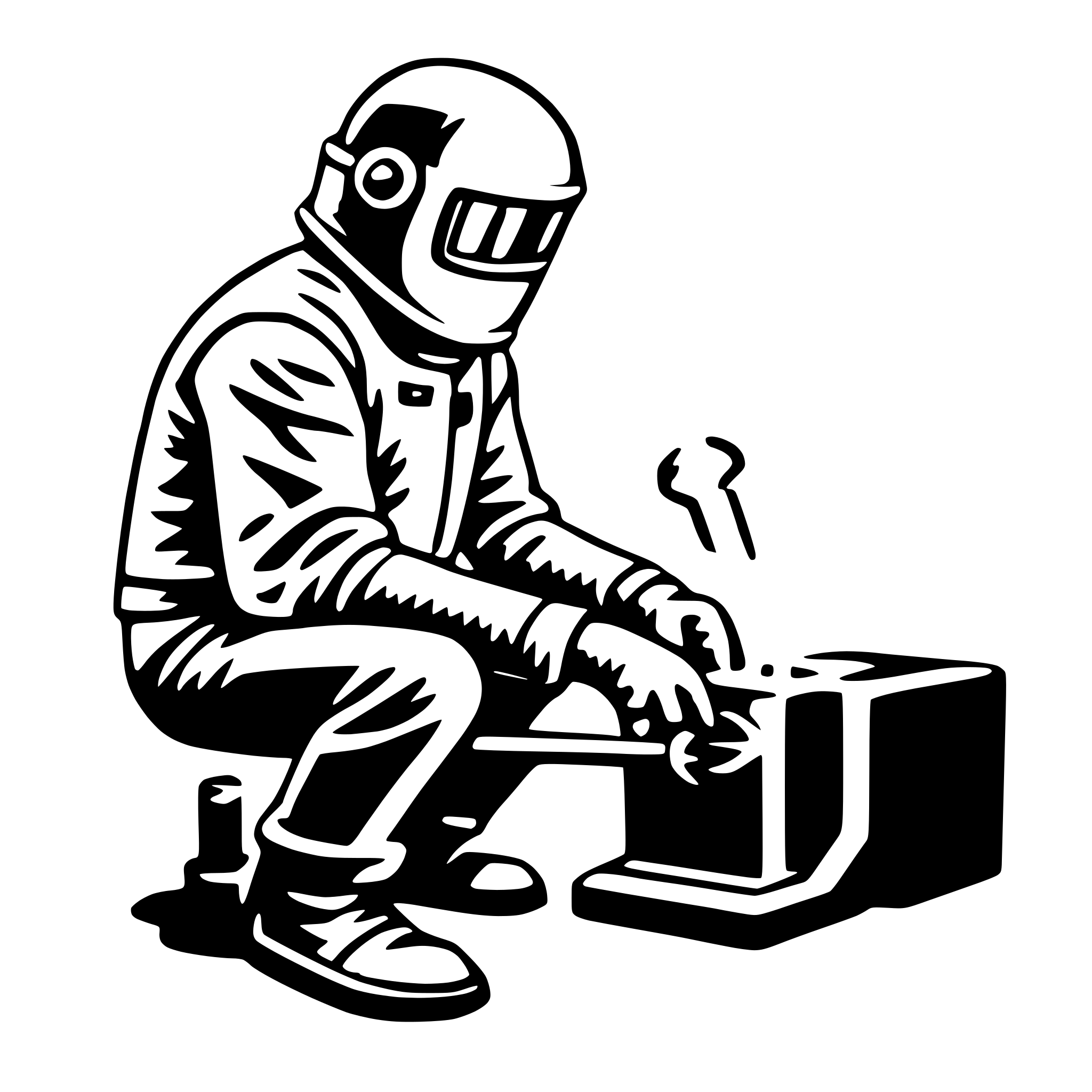 The SVG depicts a stylized illustration of a person, likely a man, sitting on the ground with a hammer in hand. He appears to be engaged in some sort of work or craft, possibly related to electronics or machinery, as suggested by the presence of a box or component nearby. The person is wearing a helmet, which may indicate a focus on safety or protection. The overall style is simplistic and cartoonish, with bold outlines and minimal shading. The interaction between the person and the object suggests a moment of concentration or effort, as if the person is working on the object with the hammer. 