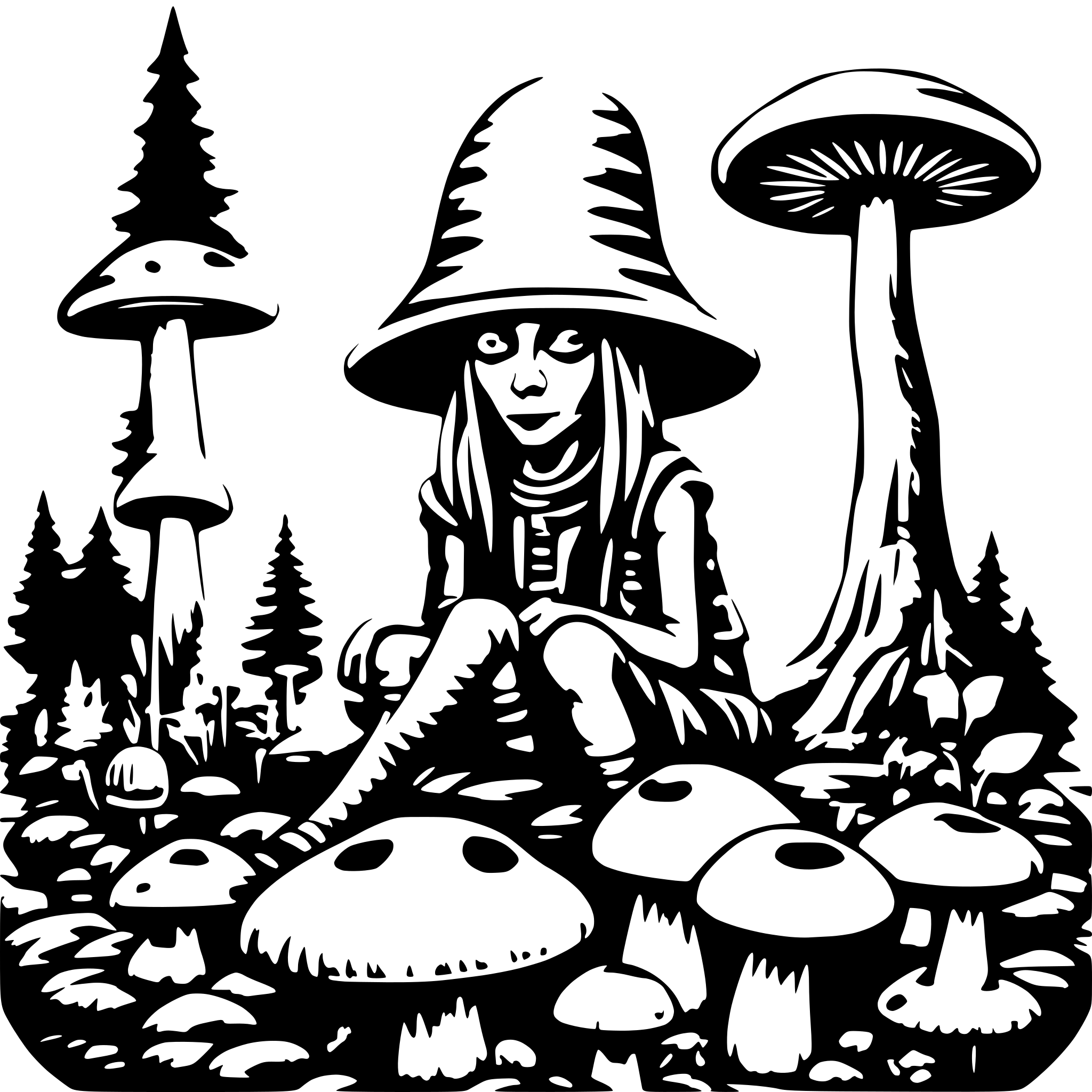 AI-generated SVG of a Aliens sitting on mushrooms in a psychedelic forest and wizard