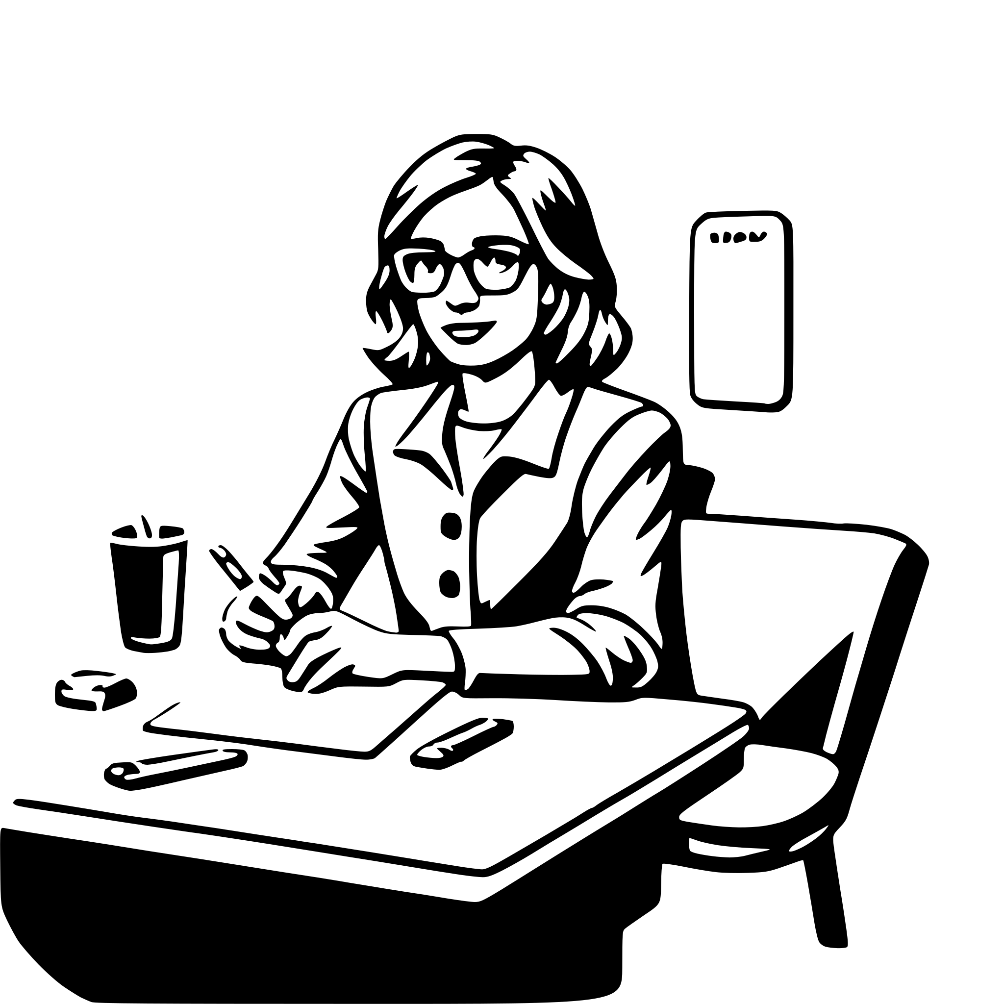 The SVG depicts a stylized illustration of a person sitting at a desk. The individual appears to be a woman with short hair, wearing glasses and a button-up shirt. She is holding a pen and appears to be writing or drawing on a piece of paper. On the desk, there is also a cup, possibly containing a beverage, and a smartphone lying next to it. The setting suggests a casual or informal workspace. The illustration is simple and uses minimal shading, relying on solid colors and outlines to convey the scene. 