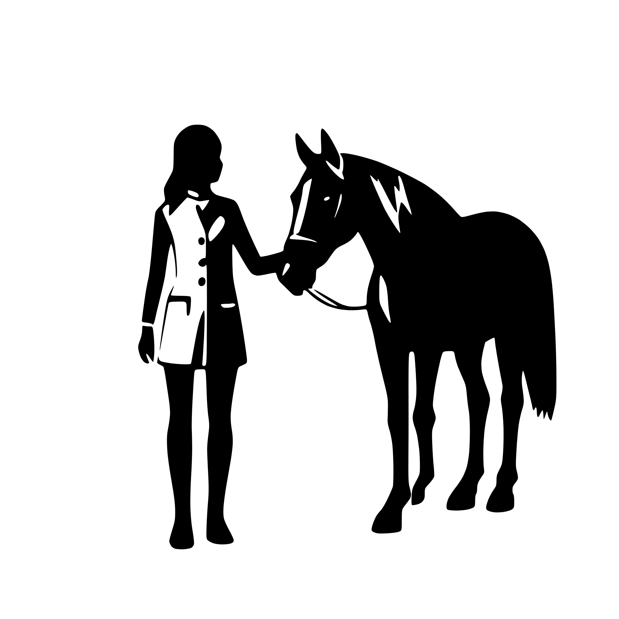 AI-generated SVG of a vector graphic for printing on textiles with not too mny details, monochrom a animal assisted occupational therapy as woman with a horse