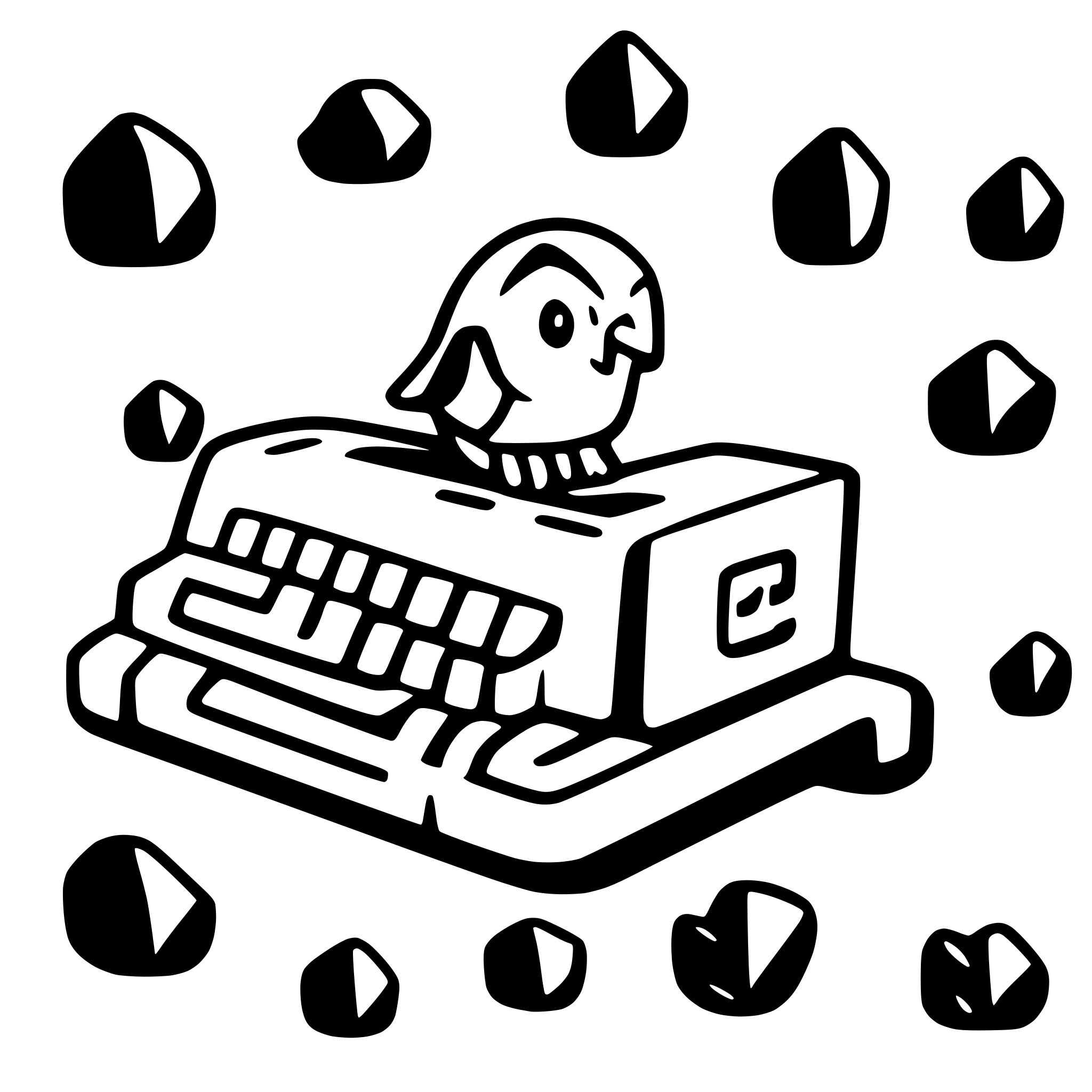 AI-generated SVG of a Simple small cute bird-outline bot typing on a floating keyboard, modern UI, clean lines, white background.
