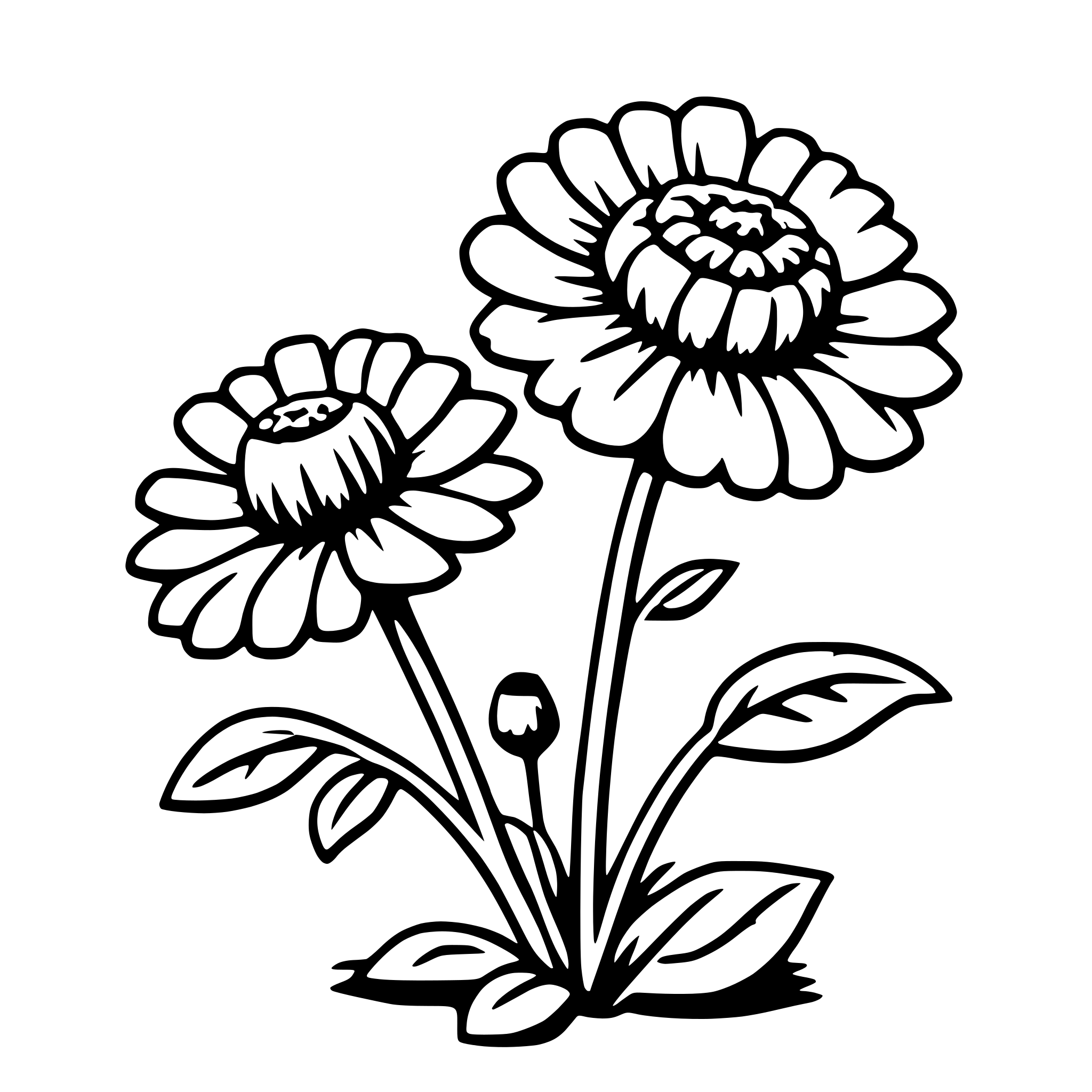 The SVG depicts two daisy flowers with green leaves and stems. The flowers are positioned side by side, with the stems and leaves extending from the bottom of the SVG. The flowers have a detailed, hand-drawn appearance with shading to suggest depth and texture. The leaves are also detailed, with individual veins visible. The flowers are centered in the SVG, and there is no text or other objects present. The style of the SVG is simple and illustrative, with a clear focus on the floral subject matter. 