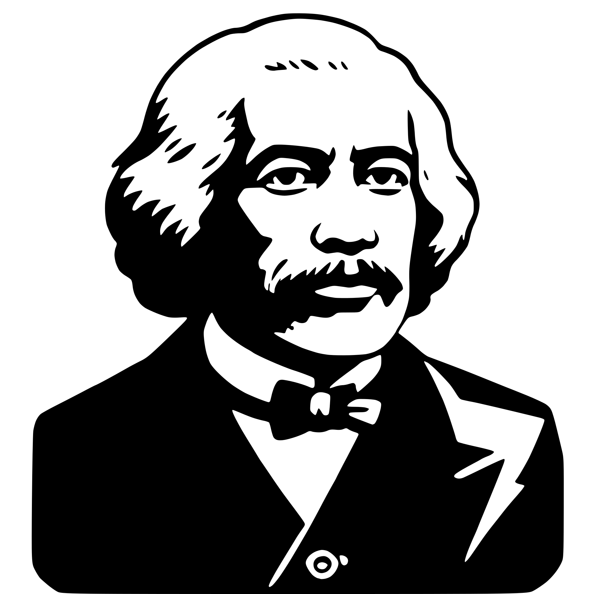 The SVG is a black and white vector graphic of a man's portrait. The man is depicted with a full beard and mustache, wearing a suit with a bow tie. He has a serious expression and is looking directly at the viewer. The graphic is stylized with clean lines and lacks any additional details or background elements. The man's attire and the simplicity of the design suggest a formal or historical context. 