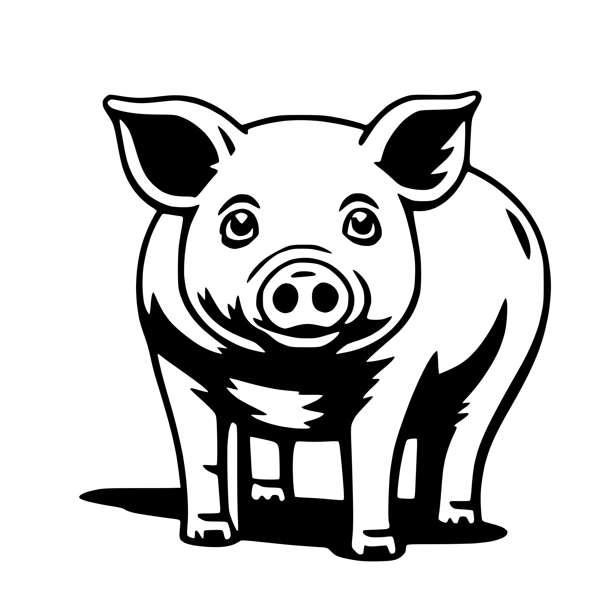 The SVG depicts a stylized, cartoon-like pig. The pig is standing upright on all fours, with its head turned slightly to the left. It has a simple, outline-style drawing with no shading or color, emphasizing its features such as the ears, eyes, snout, and legs. The pig's eyes are small and round, and it has a small, triangular nose. The SVG is a vector graphic, which means it can be scaled up or down without losing quality. 