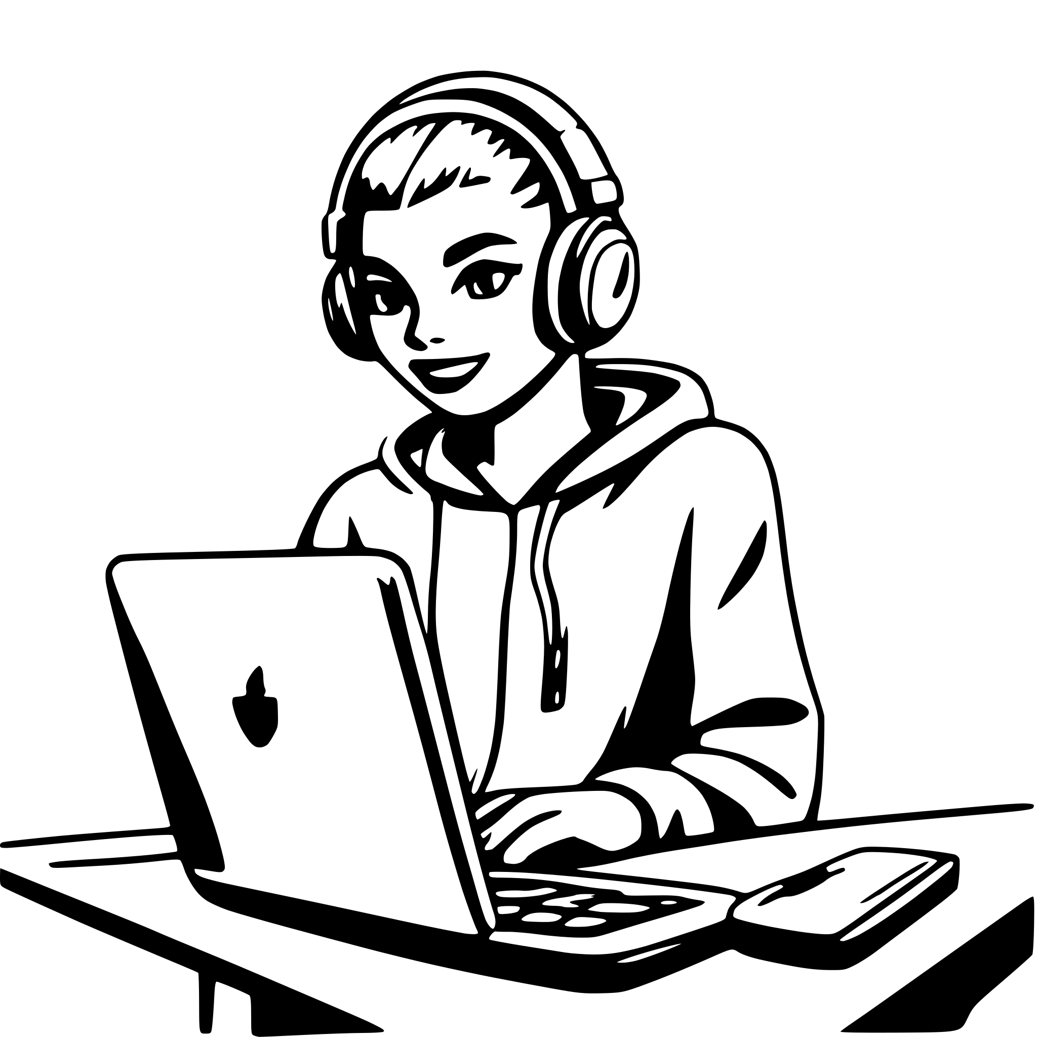 AI-generated SVG of a programmer with headphones, vibrant colours, blue environment, computer, cool, cartoon