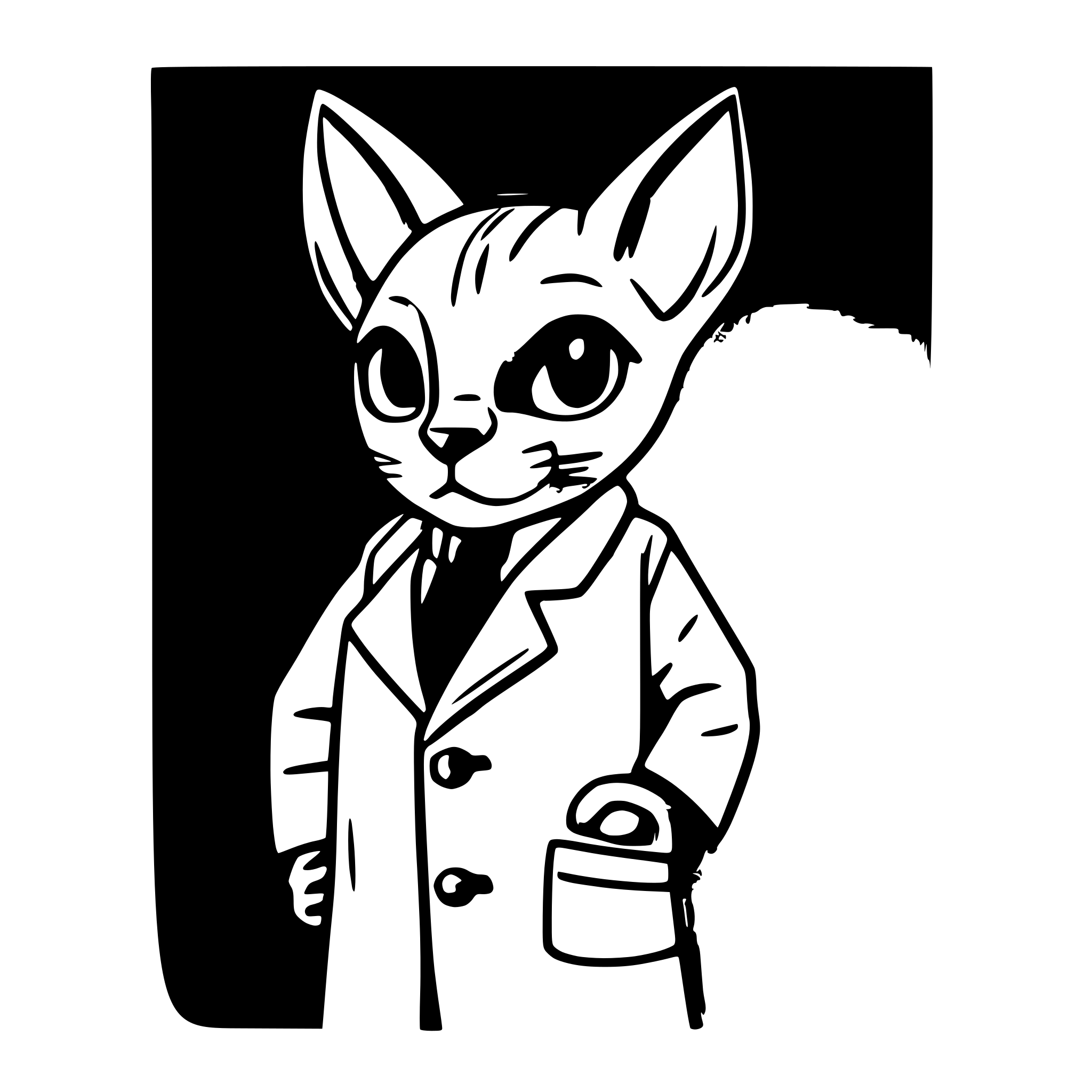 AI-generated SVG of a a sphynx cat in a lab coat and glasses blue shirt inside the lab coat and brown jeans