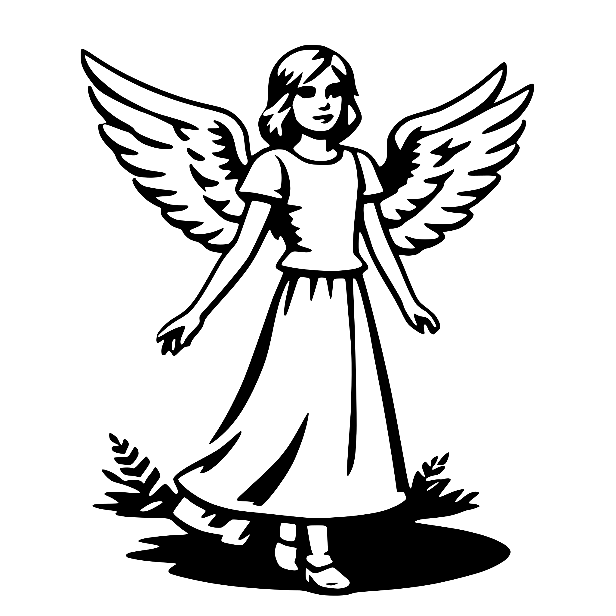 The SVG depicts a stylized black and white illustration of a young girl with wings. The girl is standing with her arms outstretched, and her dress flows around her. The wings are large and spread out behind her, suggesting a sense of flight or fantasy. The illustration is simple and lacks detail, giving it a clean and minimalist appearance. 