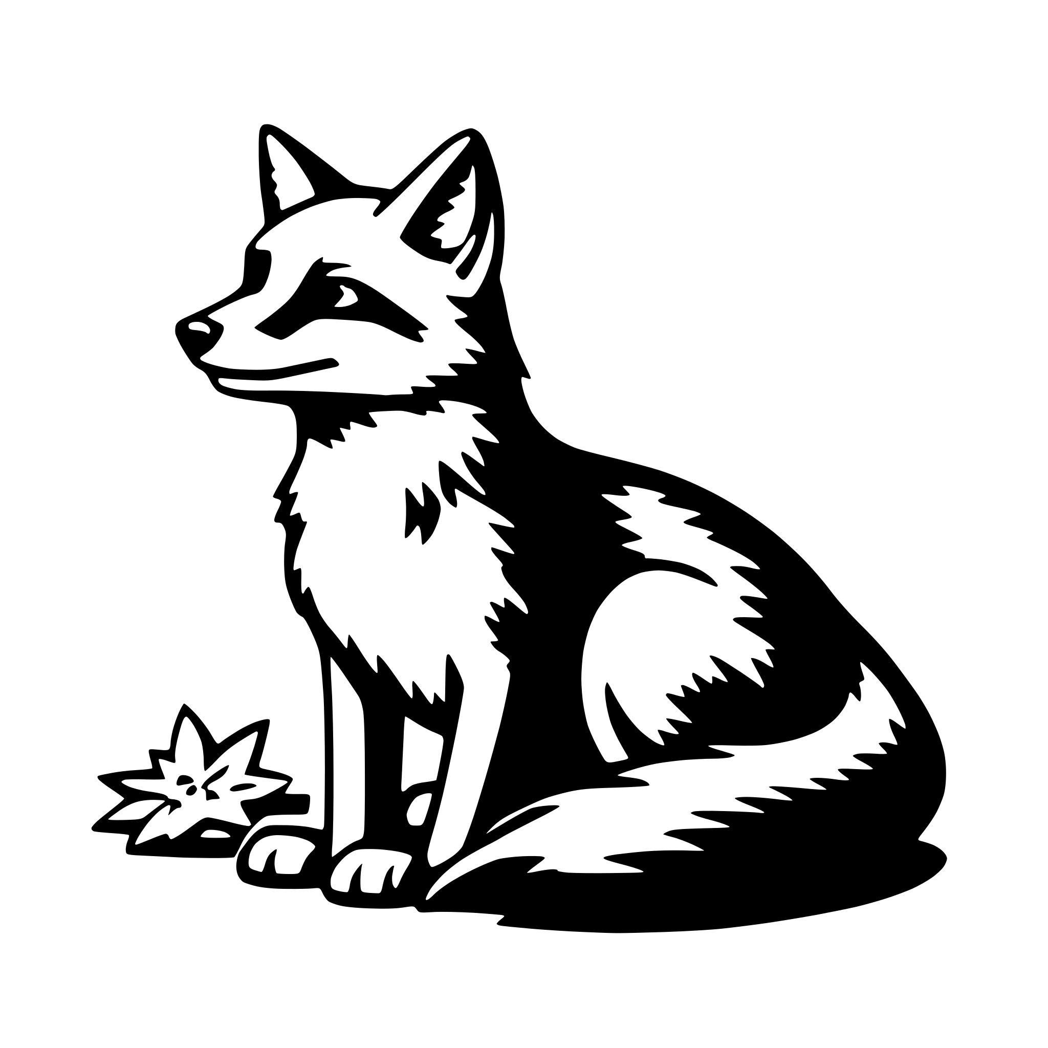 The SVG features a stylized black and white illustration of a fox. The fox is depicted sitting upright with its front paws extended forward, giving it a somewhat anthropomorphic appearance. It is facing the viewer with a neutral expression. To the left of the fox, there is a small, simple leaf design, which appears to be a stylized representation of a maple leaf, a common symbol associated with Canada. The fox and the leaf are the main objects in the SVG, and there is no interaction between them; they are simply placed next to each other. 