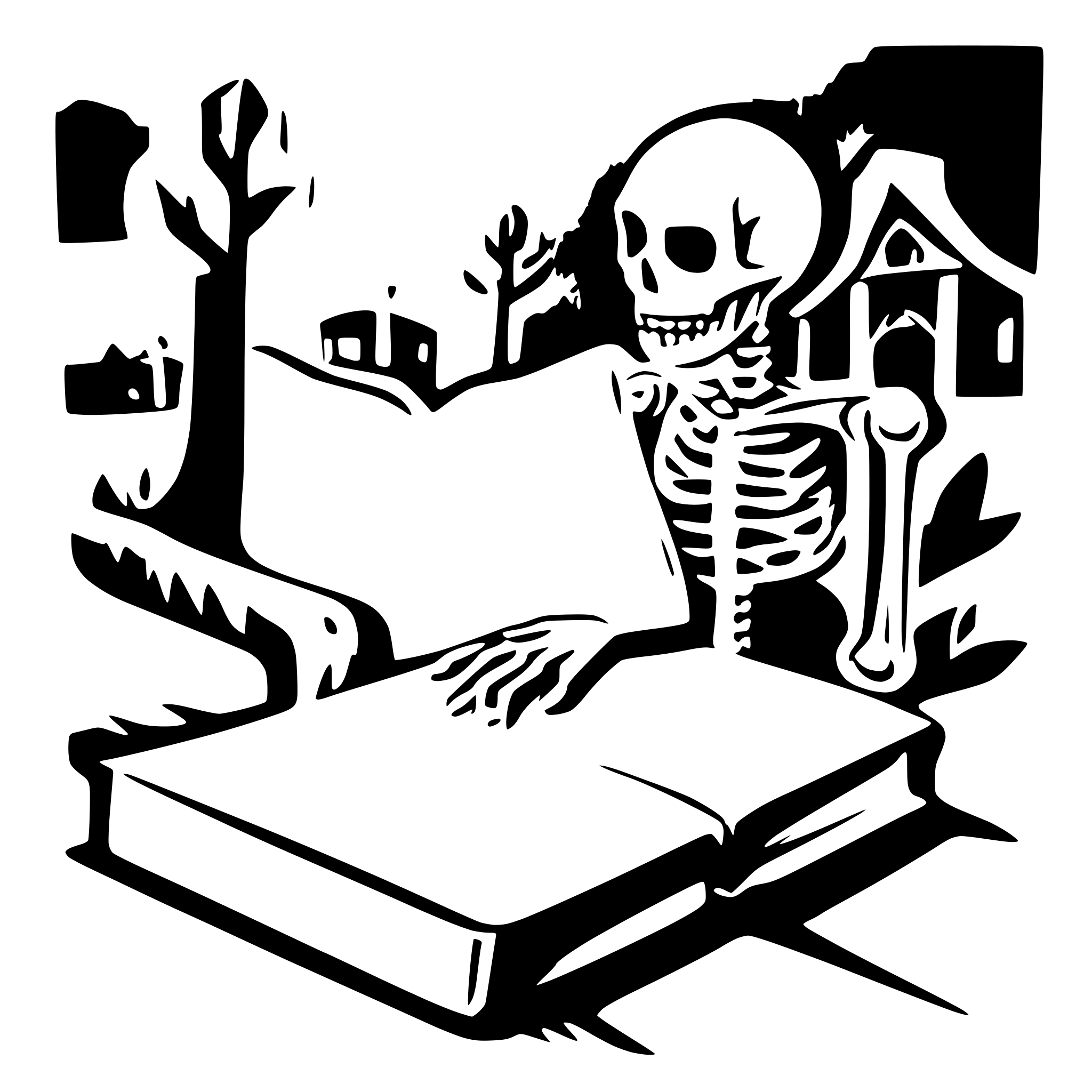 AI-generated SVG of a a skeleton on a cemetery reading a big book