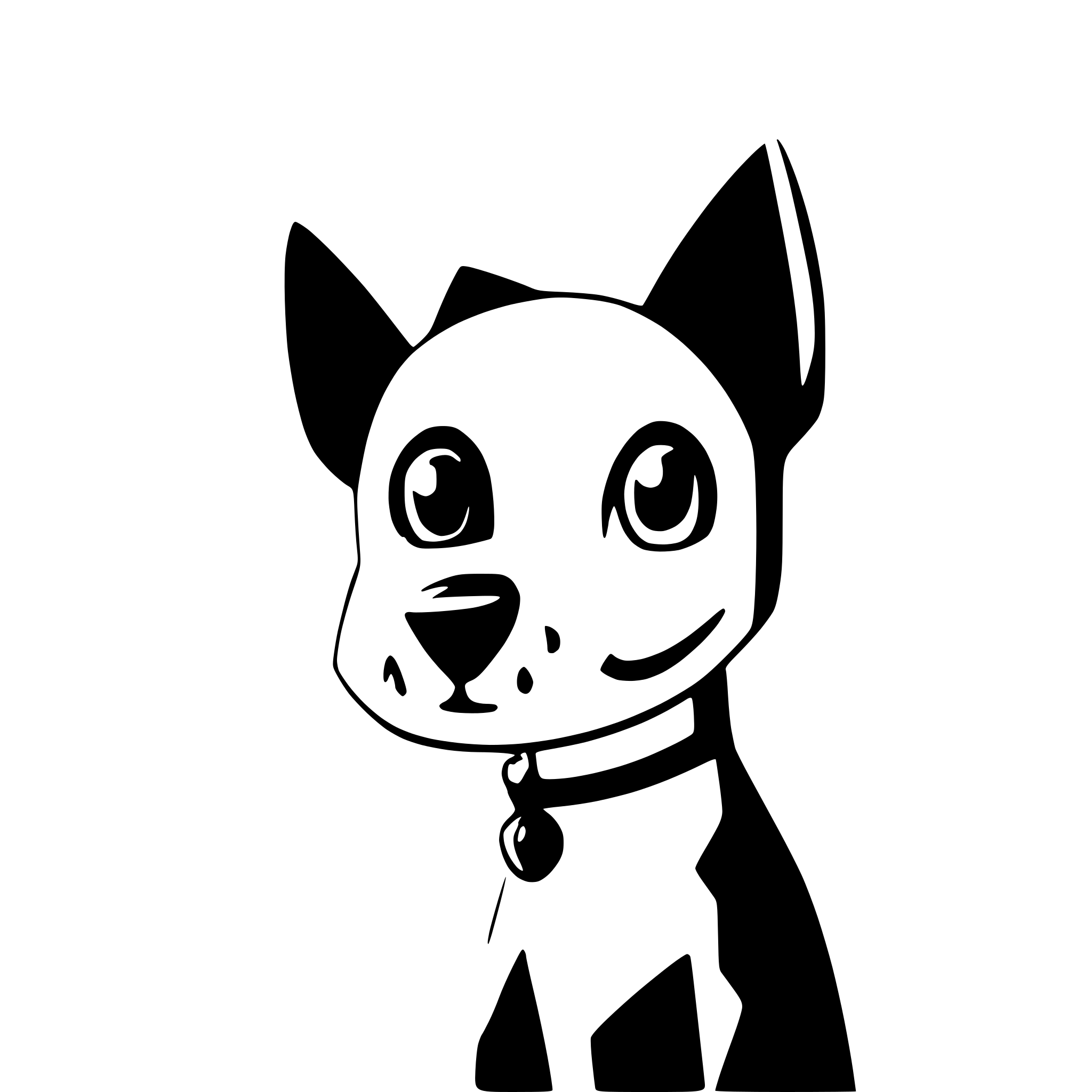 AI-generated SVG of a cartoon style black and white terrier dog, simplified geometric shapes, vector art illustration, black dog with white paws, white chest, white muzzle markings, orange collar, curled tail, floppy ears, mouth open, playful expression, three-quarter view facing right, blue gradient background, abstract blue wavy shapes, flat design, minimal details, bold colors, digital art, clean modern illustration, solid color blocks, stylized animal art, children's book illustration style