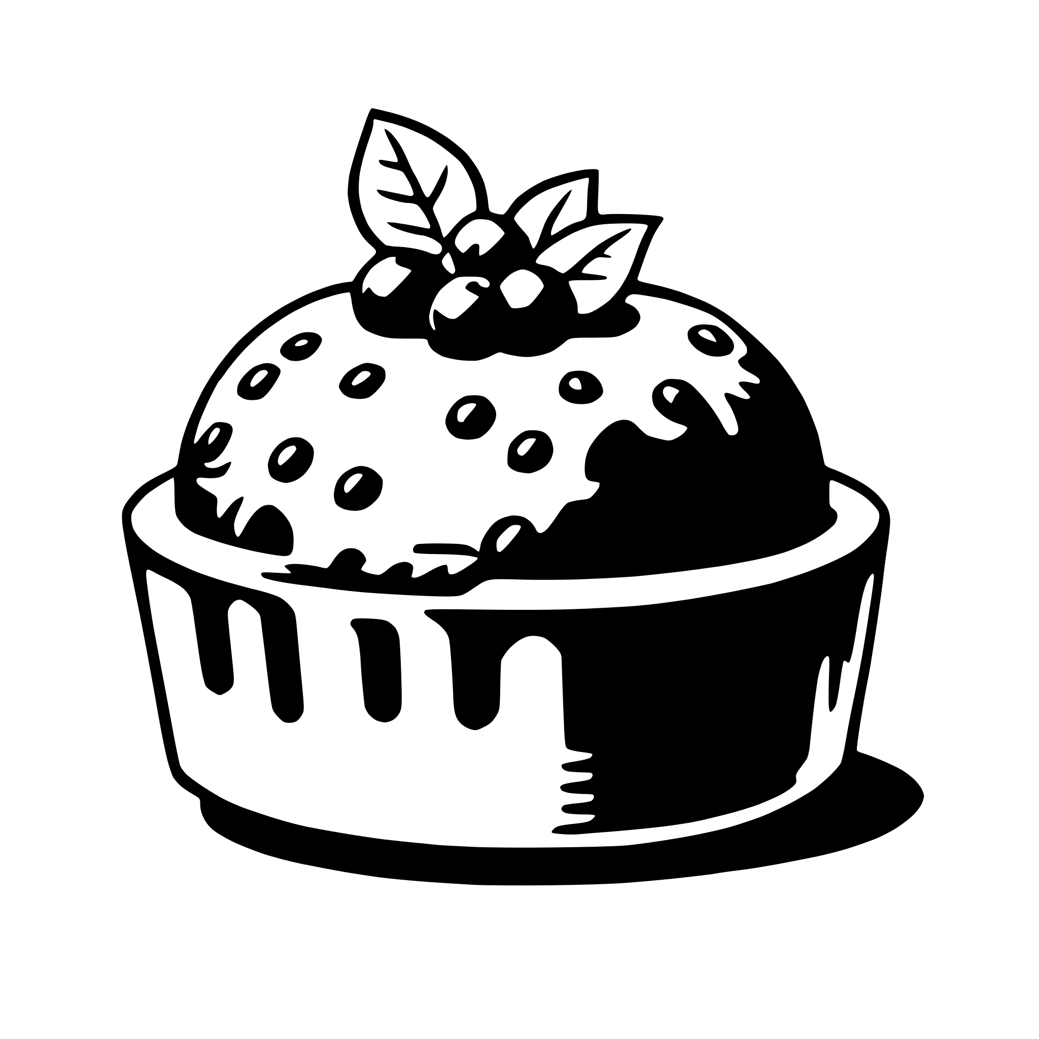 The SVG depicts a stylized illustration of a dessert, which appears to be a cake or a pudding, topped with a leafy garnish. The dessert is presented in a bowl or ramekin with a fluted edge, and it has a textured surface that suggests a sponge or a dense, pudding-like consistency. The garnish on top adds a touch of greenery, possibly indicating a fresh or natural ingredient. The overall style is simple and cartoonish, with bold outlines and minimal shading, which is typical for vector graphics. 
