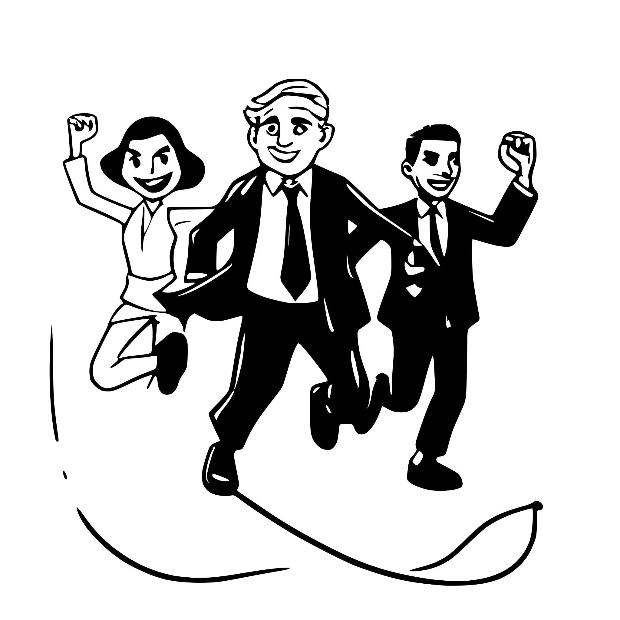 AI-generated SVG of a A man in a black suit and tie, middle-aged and dark-skinned, is running to the left, with a rope tied around his waist.  Three other people, also dark-skinned, are pulling on the other end of the rope that is tied to the man, positioned in a line to the right of the central figure.  They are in casual clothing. The scene is set on a light brownish-gray paved area.  In the background, the kenyan parliament is visible on the left side of the image.  The perspective is from a slightly elevated view