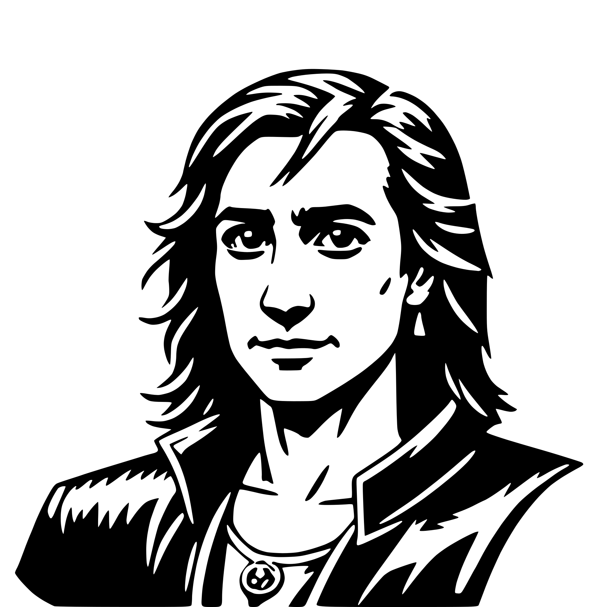 The SVG is a black and white vector illustration of a person's head and shoulders. The person has long hair, styled in a way that it falls over one shoulder. They are wearing what appears to be a dark jacket or shirt with a high collar. The person's facial features are depicted with a neutral expression, and they are looking directly at the viewer. The illustration is stylized with clean lines and lacks any additional details that would suggest a specific setting or context. 