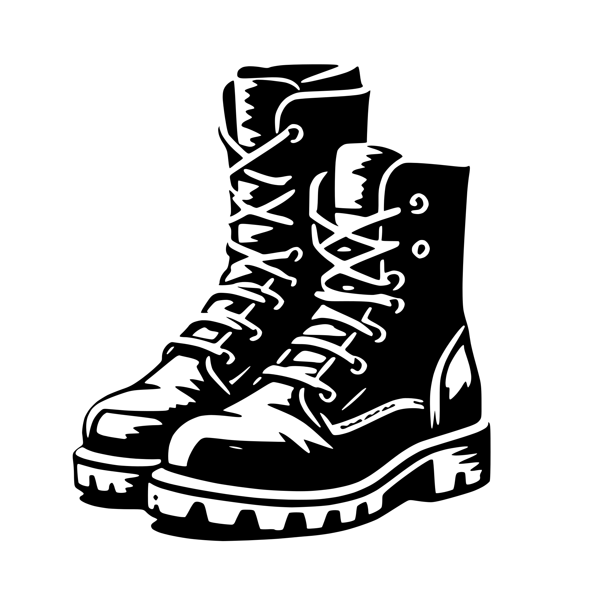 The SVG shows a single black boot with a lace-up design, featuring a thick sole and a rounded toe. The boot is depicted in a side view, with the laces tied and the tongue visible. The sole has a pattern of raised lines, suggesting a textured surface. The boot is set against a plain background, and there are no other objects or interactions depicted in the SVG. 