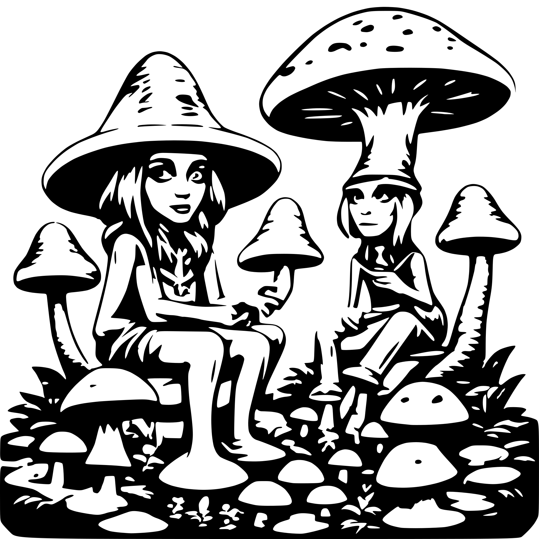 AI-generated SVG of a Aliens sitting on mushrooms in a psychedelic forest and wizard