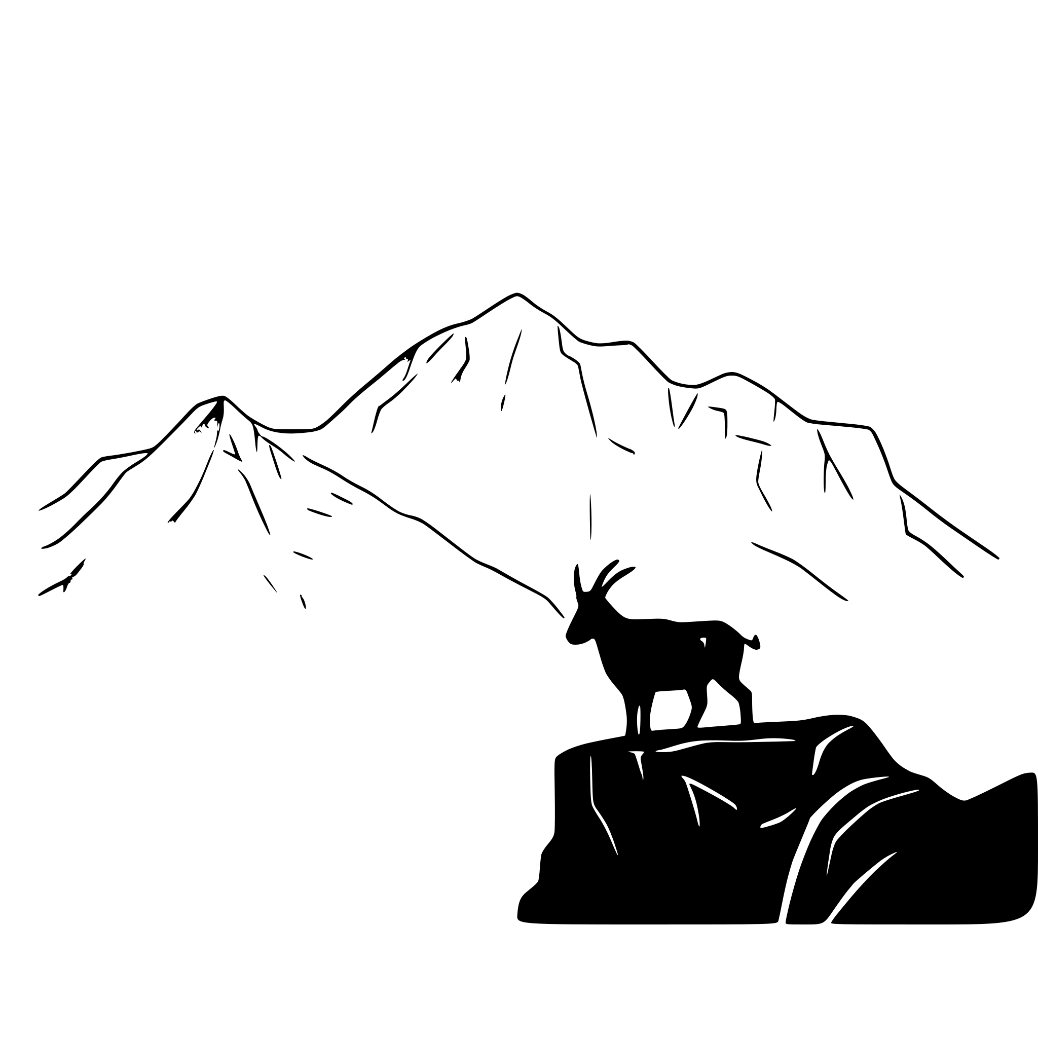 AI-generated SVG of a a rocky mountain background, and on the left side, in the foreground, theres an adult mountain goat on a peak, looking at the horizon