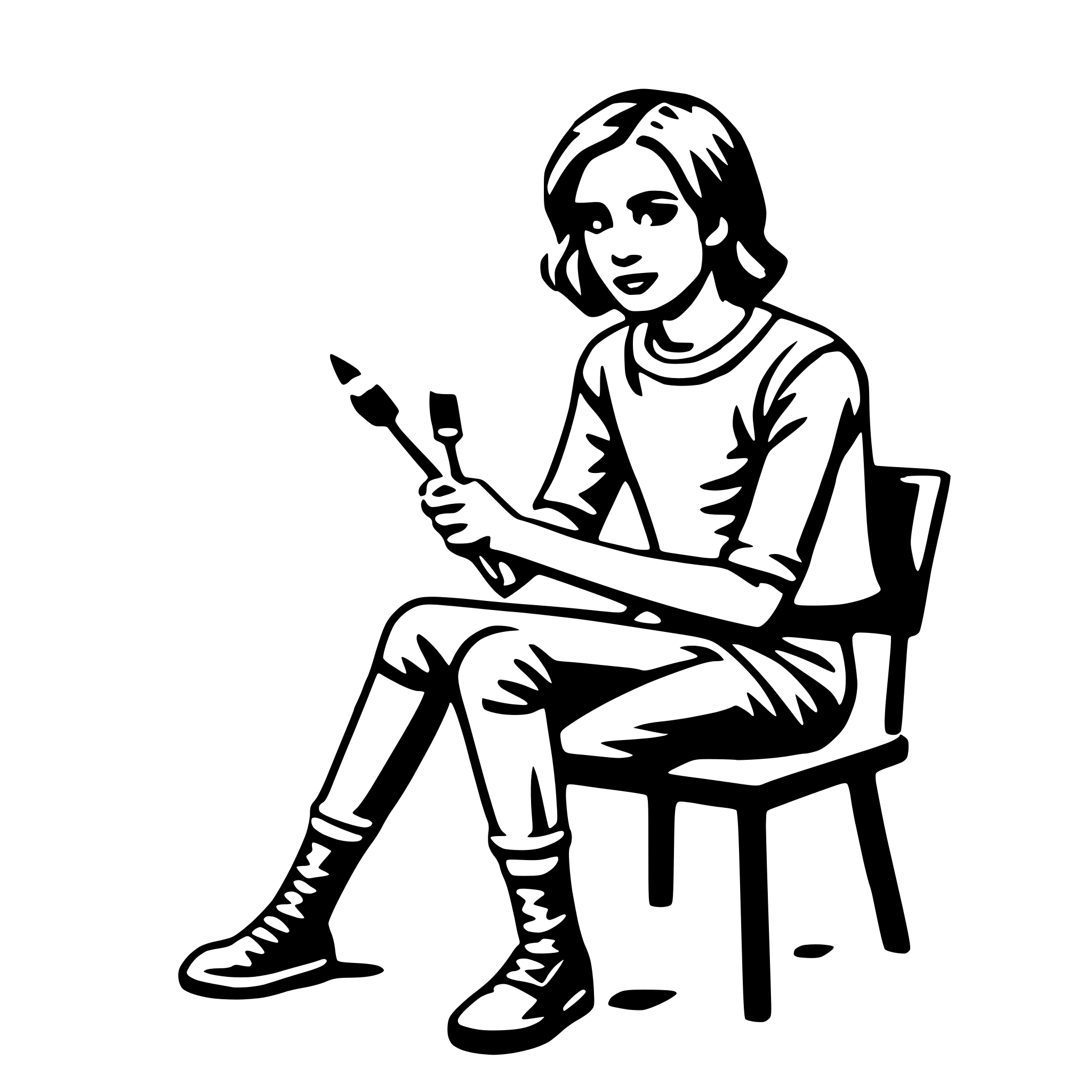 The SVG depicts a stylized black and white line drawing of a person sitting on a chair. The person is holding a paintbrush in one hand and a palette in the other, suggesting they are an artist. The individual is wearing a long-sleeved shirt and boots, and their legs are crossed. The chair has four legs and a simple backrest. The person appears to be engaged in an artistic activity, possibly painting or drawing. 