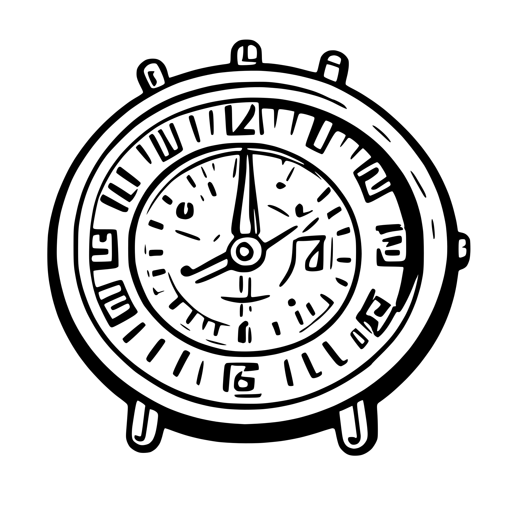 AI-generated SVG of a Generate a clock face with very beautiful hands. The 12 digits on the clock are always 4, but each digit is in a different language