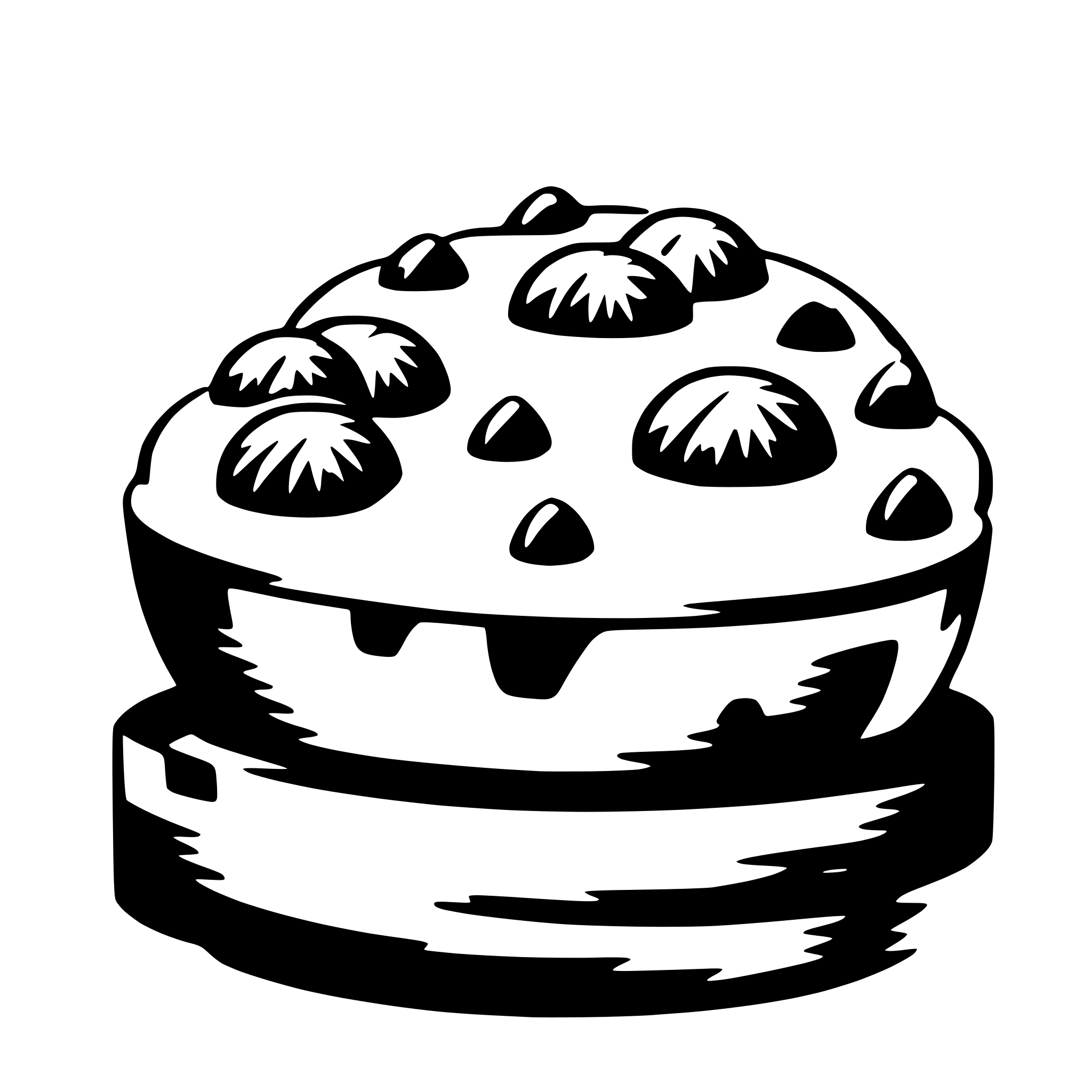 The SVG depicts a stylized, cartoon-like illustration of a cake. The cake is round with a flat top and a slightly raised edge, suggesting a thick crust. It is adorned with what appears to be a pattern of dark, possibly chocolate, chips or nuts scattered across its surface. The illustration is simple and uses solid colors with no gradients or shading, giving it a flat appearance. The style is reminiscent of a children's book or a simple, clean graphic design. 