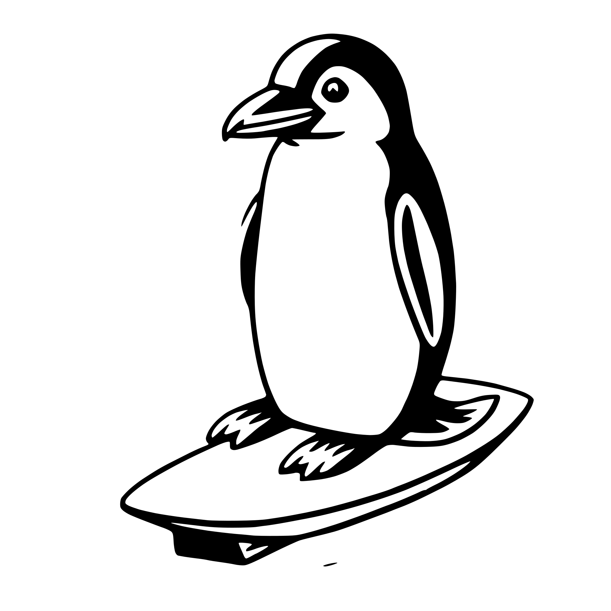 The SVG depicts a simple line drawing of a penguin standing on a surfboard. The penguin is facing the viewer, with its head turned slightly to the left. It has a black beak, a white body with black spots, and a black head with a white stripe running down the middle. The surfboard is also white, with a black outline and a pointed front end. The penguin's feet are positioned on the surfboard, which is tilted slightly to the right. The SVG is minimalistic and does not contain any additional elements or background details. 
