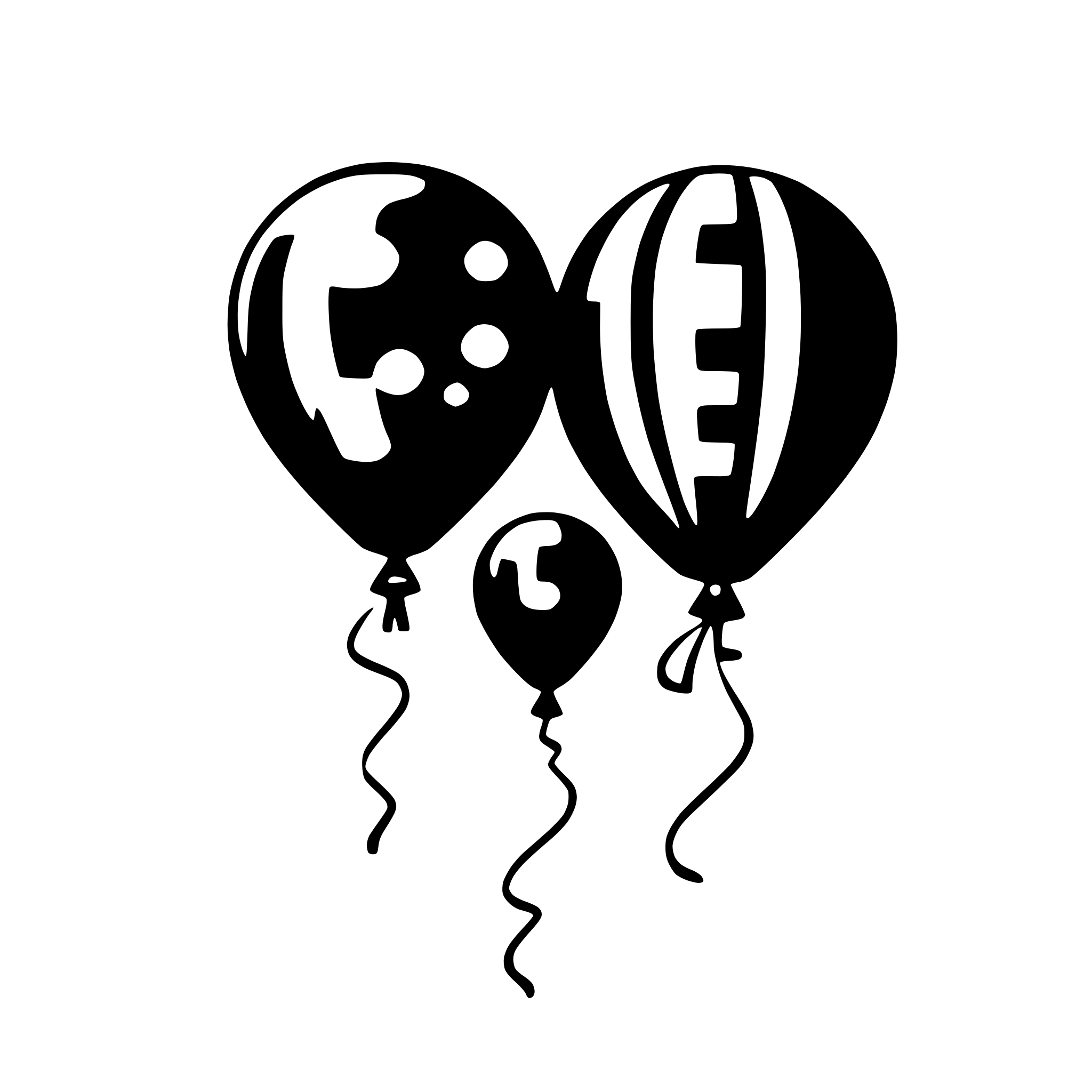 The SVG shows three balloons with different designs. The balloon on the left has a black and white pattern resembling a football, with a white string attached to the bottom. The middle balloon is black and white with a design that appears to be a stylized face or mask, also with a white string. The balloon on the right is black and white with a design that looks like a stylized eye, again with a white string. The balloons are floating in the air, and the strings are curling upwards. 
