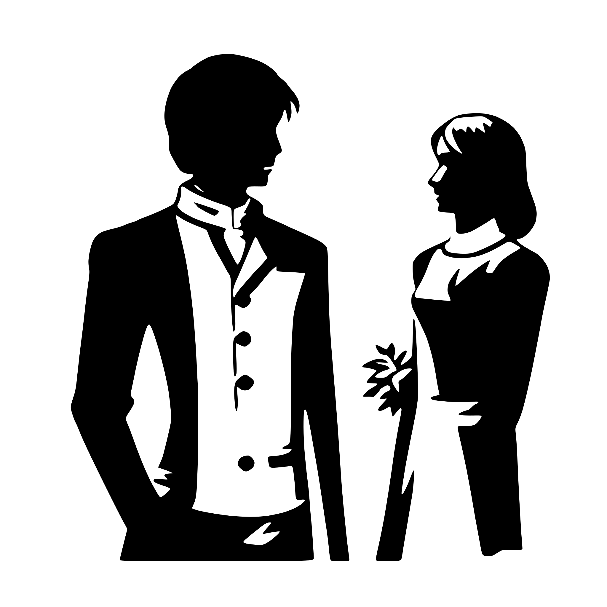 The SVG shows two stylized figures, a man and a woman, standing side by side. The man is on the left and the woman is on the right. They appear to be facing each other, with the man's hands in his pockets and the woman holding what seems to be a small object or flower in her right hand. The figures are depicted in a simplistic, silhouette-like manner, with minimal detail, emphasizing their forms and posture. There is no text present in the SVG. The style of the SVG is graphic and modern, with a clear, clean line quality. 